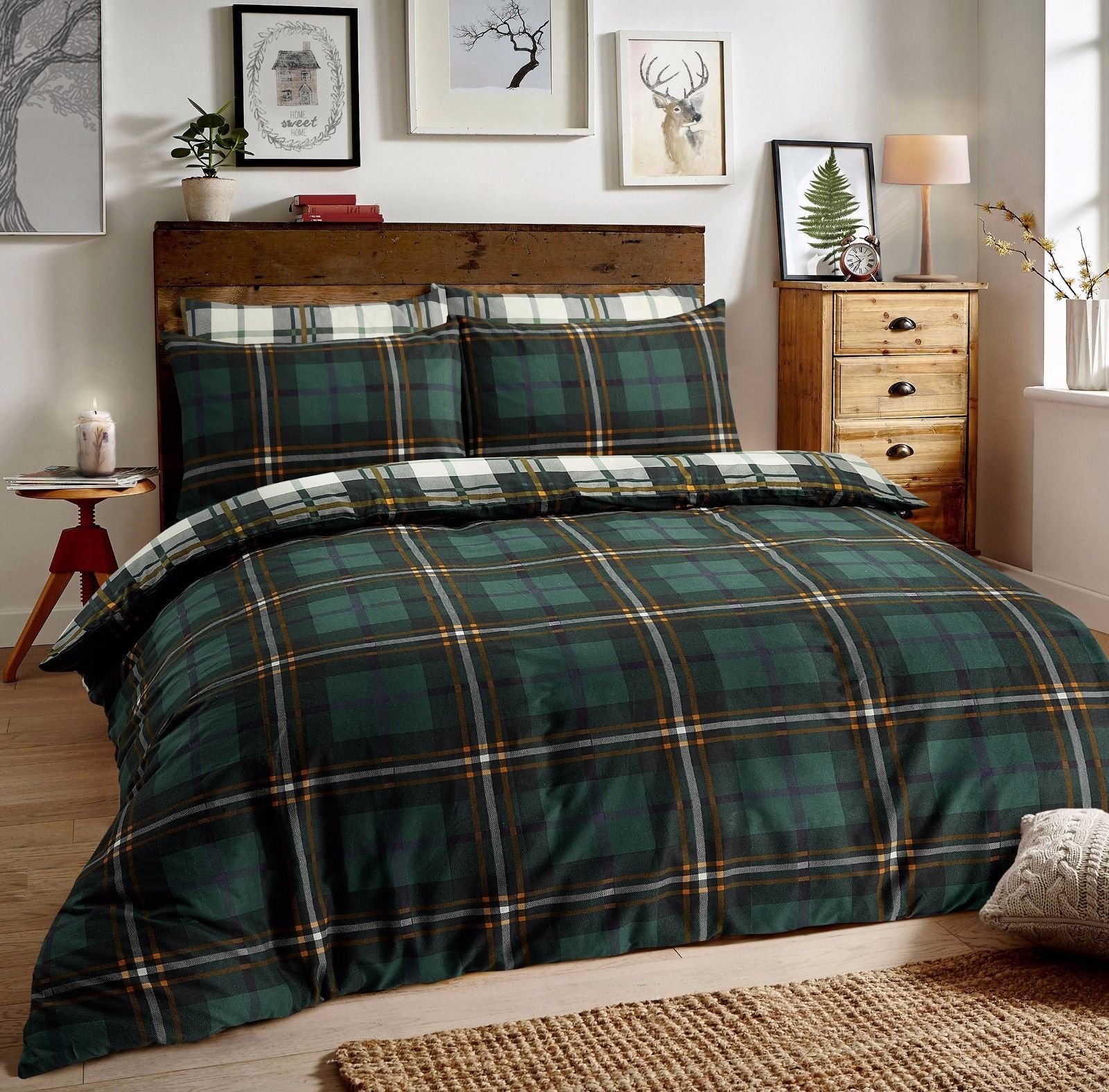 Clicktostyle Tartan Check Green 100% Brushed Cotton Flannelette Tartan Check Duvet Cover Set With Pillow Cases (, Single)
