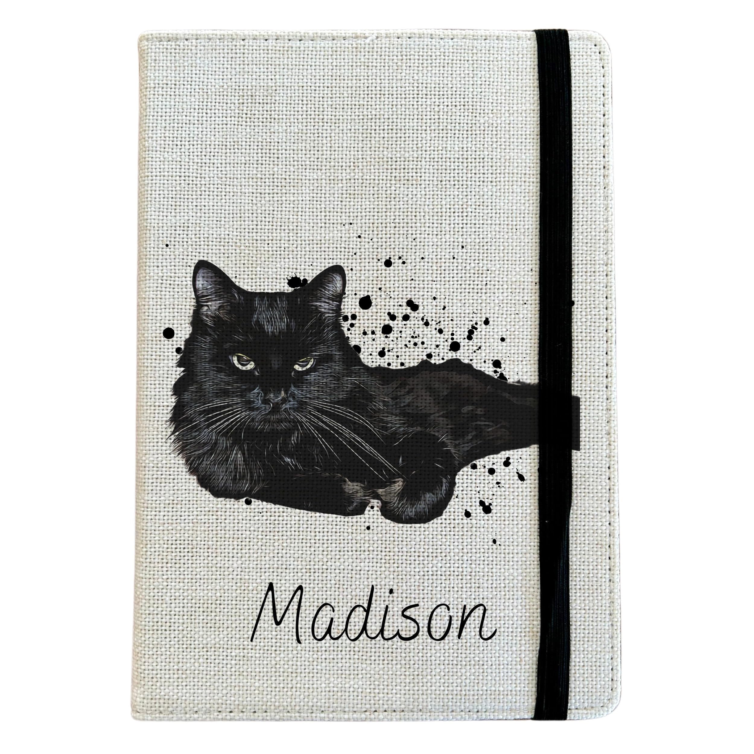 Personalised Black Cat A5 Notebook - Custom Feline Lined Journal - Reusable Cat Notebook Cover - Linen Hardback Journal Cover Gift