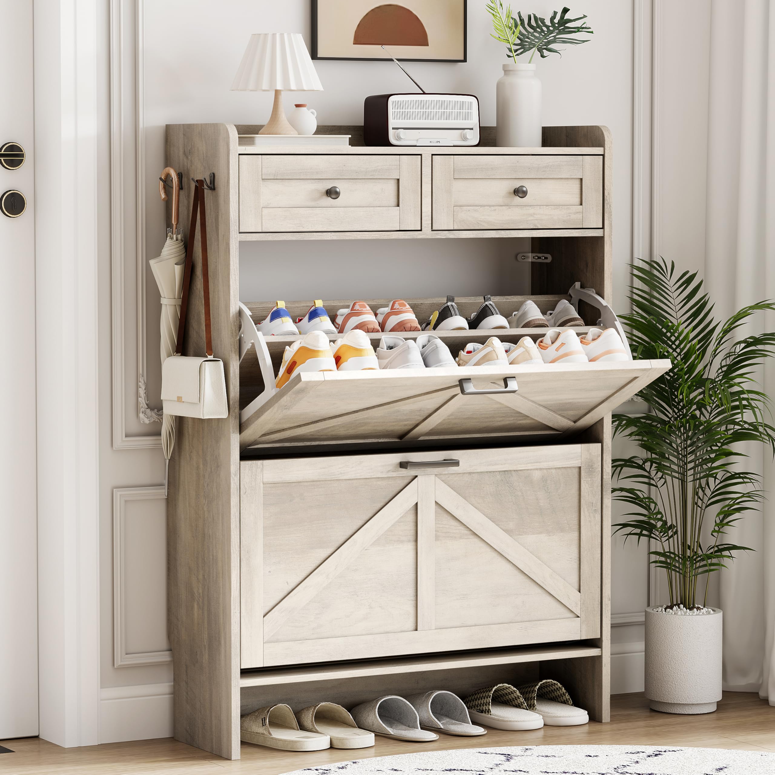 Shoe Cabinet with 2 Flip Drawers &amp; 2 Top Drawers, 43" Tall Freestanding Narrow Wooden Shoe Storage Organizer for Entryway, Hidden Slim Shoe Rack for Front Door Entrance, Hallway, Living Room, Grey