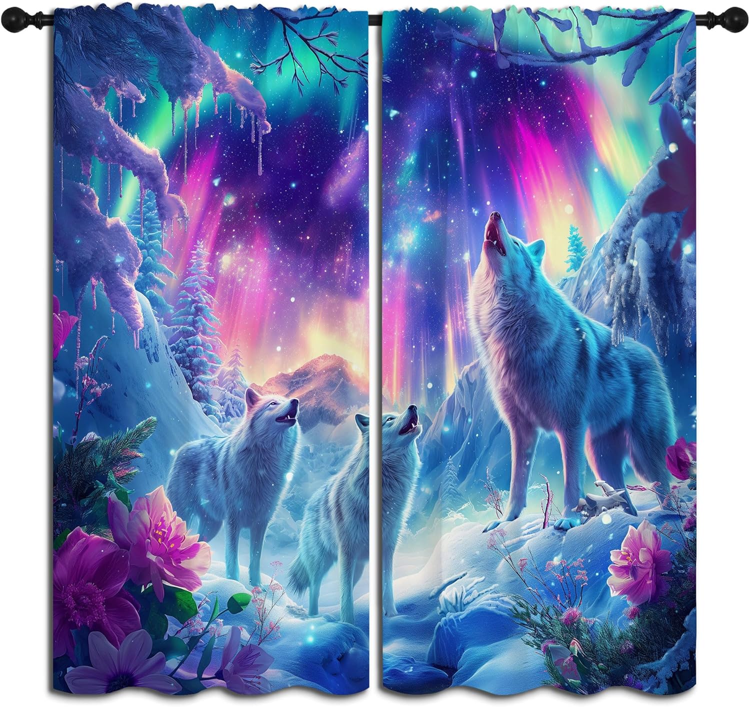 Wolf Blackout Curtains for Boys Girl Bedroom Decor,Howling Wolf Aurora Nature Snowy Scenery Thermal Insulated Rod Pocket Drapes Darkening Window Curtain for Living Room Home 55x63 inch
