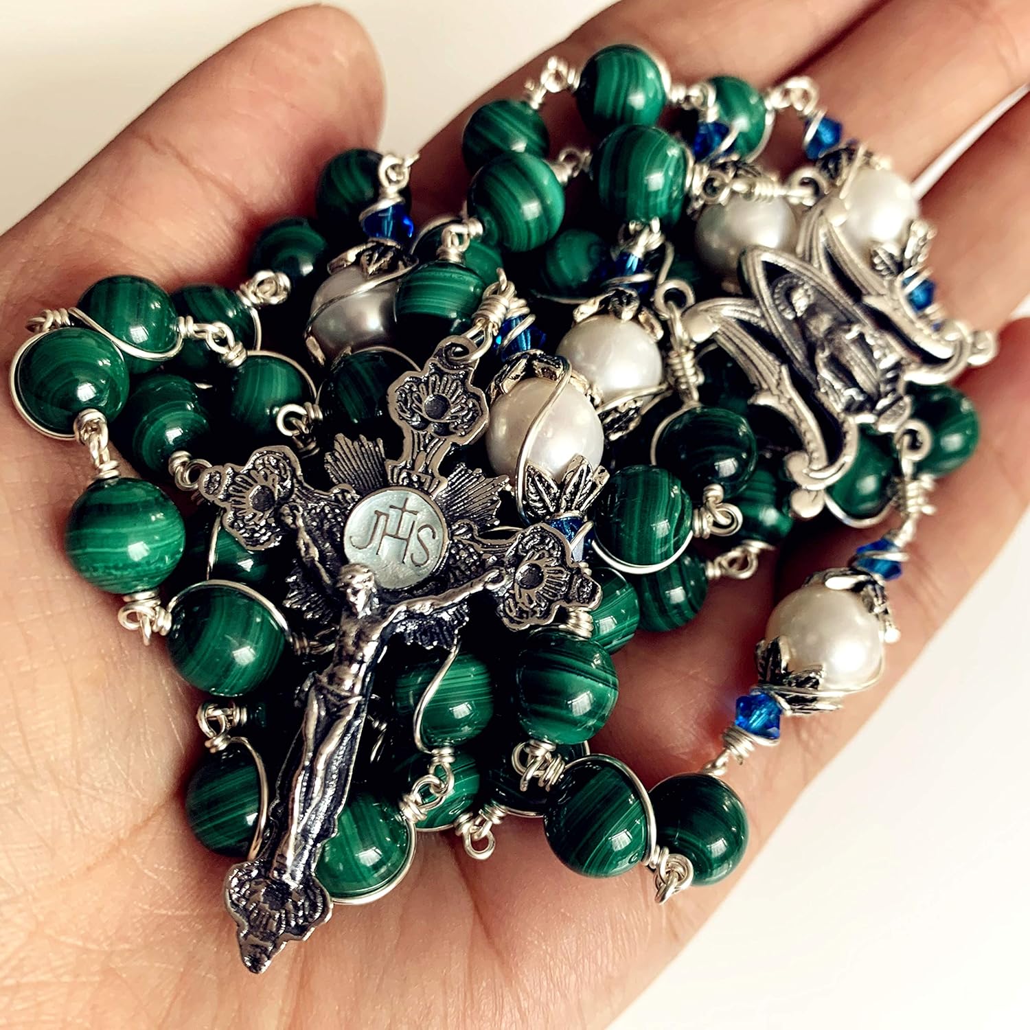 elegantmedical Handmade Sterling Silver Wire Wrapped UNDOUBTED Malachite &10mm Real Pearl Beads Rosary Cross/Crucifix Necklace Box Catholic Womens Gift