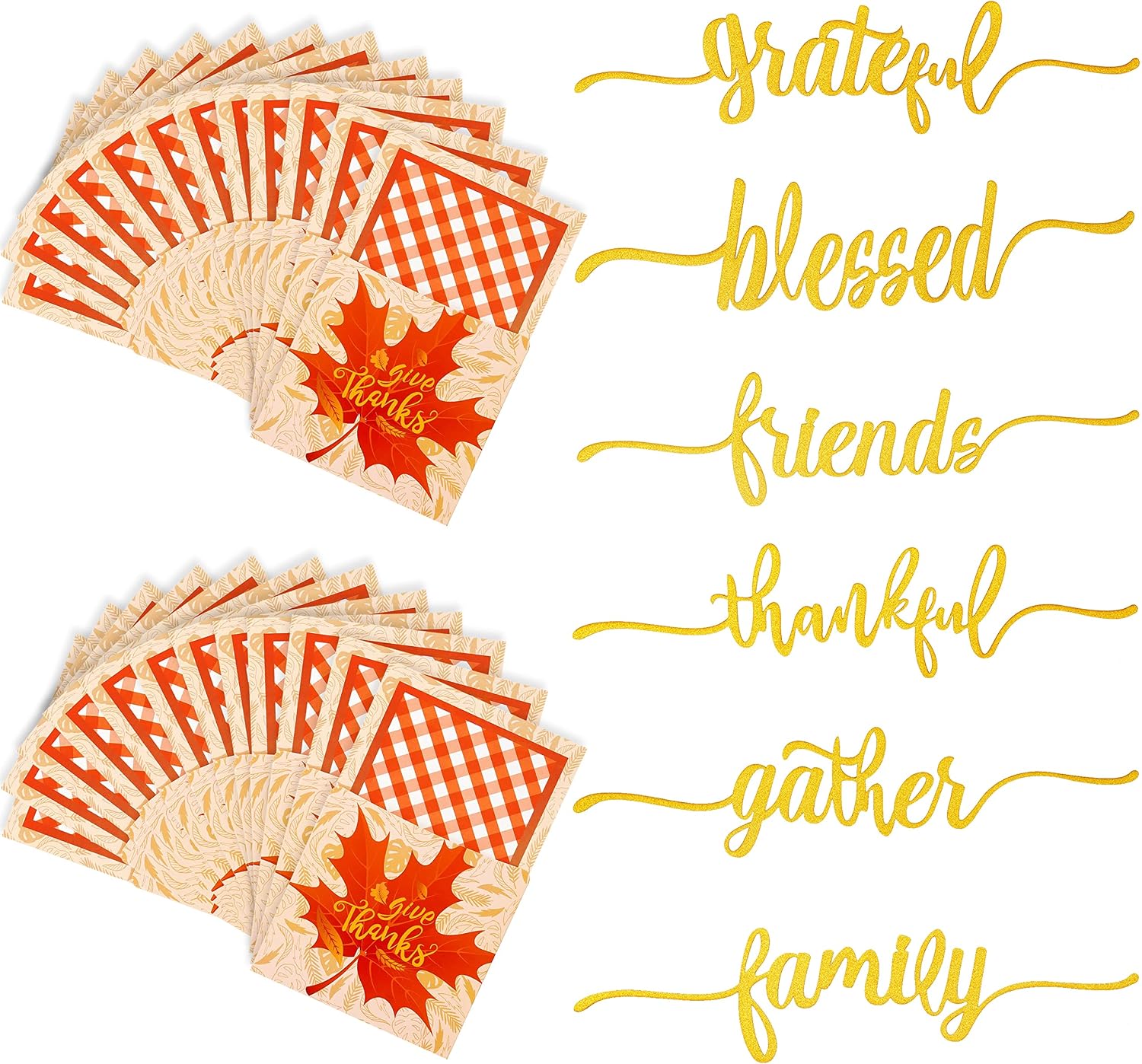 ANOTION Thanksgiving Table Decorations, 24 Thanksgiving Cutlery Holder 24 Thankful Grateful Blessed Words Cutout Card Decor Glitter Table Place Card for Thanksgiving Turkey Utensil Décor