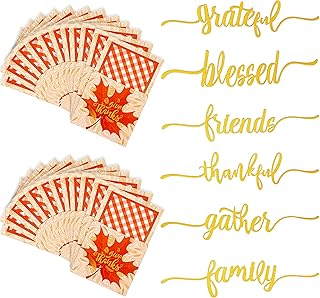 ANOTION Thanksgiving Table Decorations, 24 Thanksgiving Cutlery Holder 24 Thankful Grateful Blessed Words Cutout Card Decor Glitter Table Place Card for Thanksgiving Turkey Utensil Décor