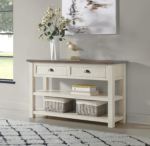 Martin Svensson Home Solid Wood Sofa Console Table, Cream White with Brown Top