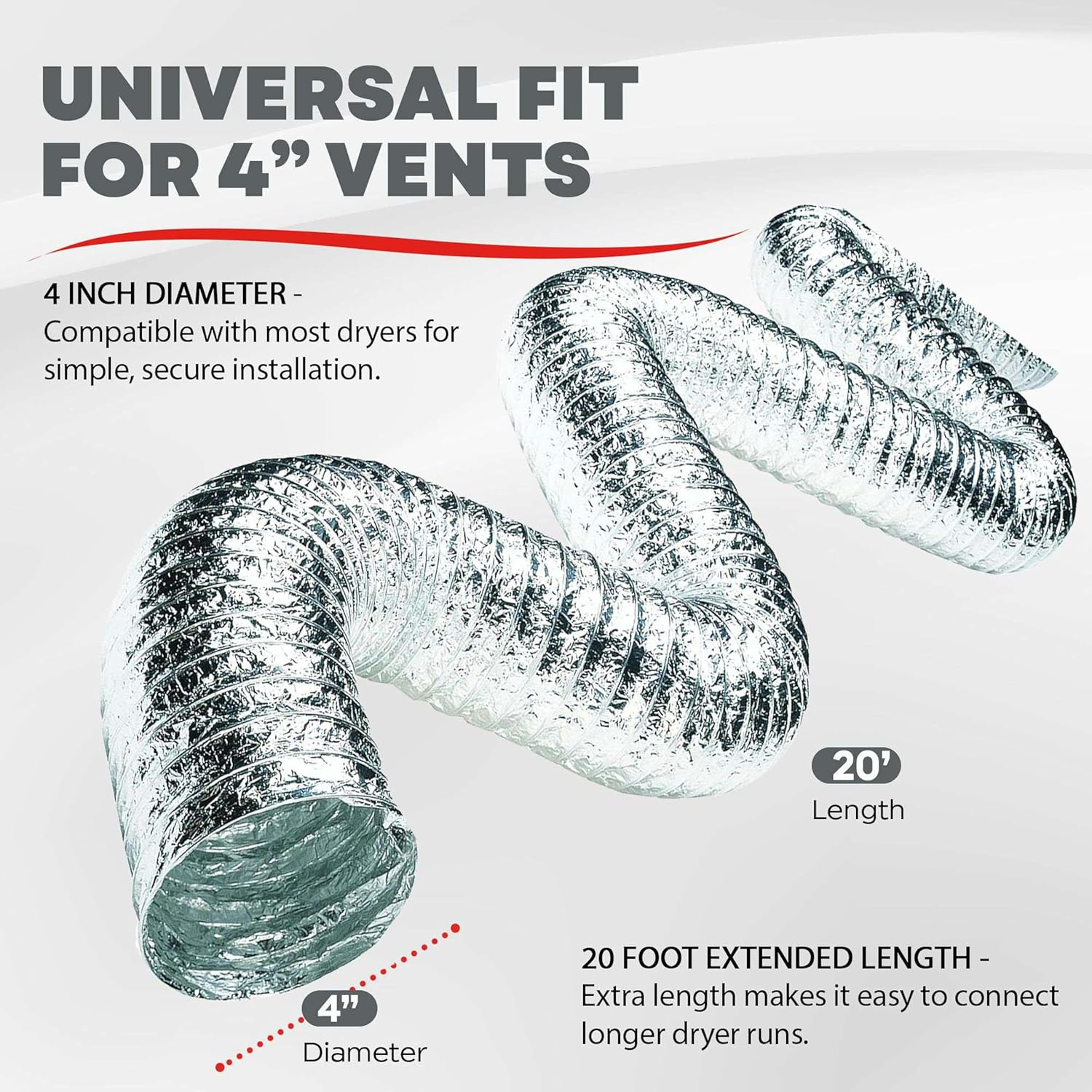 Deflecto Supurr-Flex Metallic Duct, Flexible Multi Layer Transition, Silver, 4" x 20' (F0420B/2)