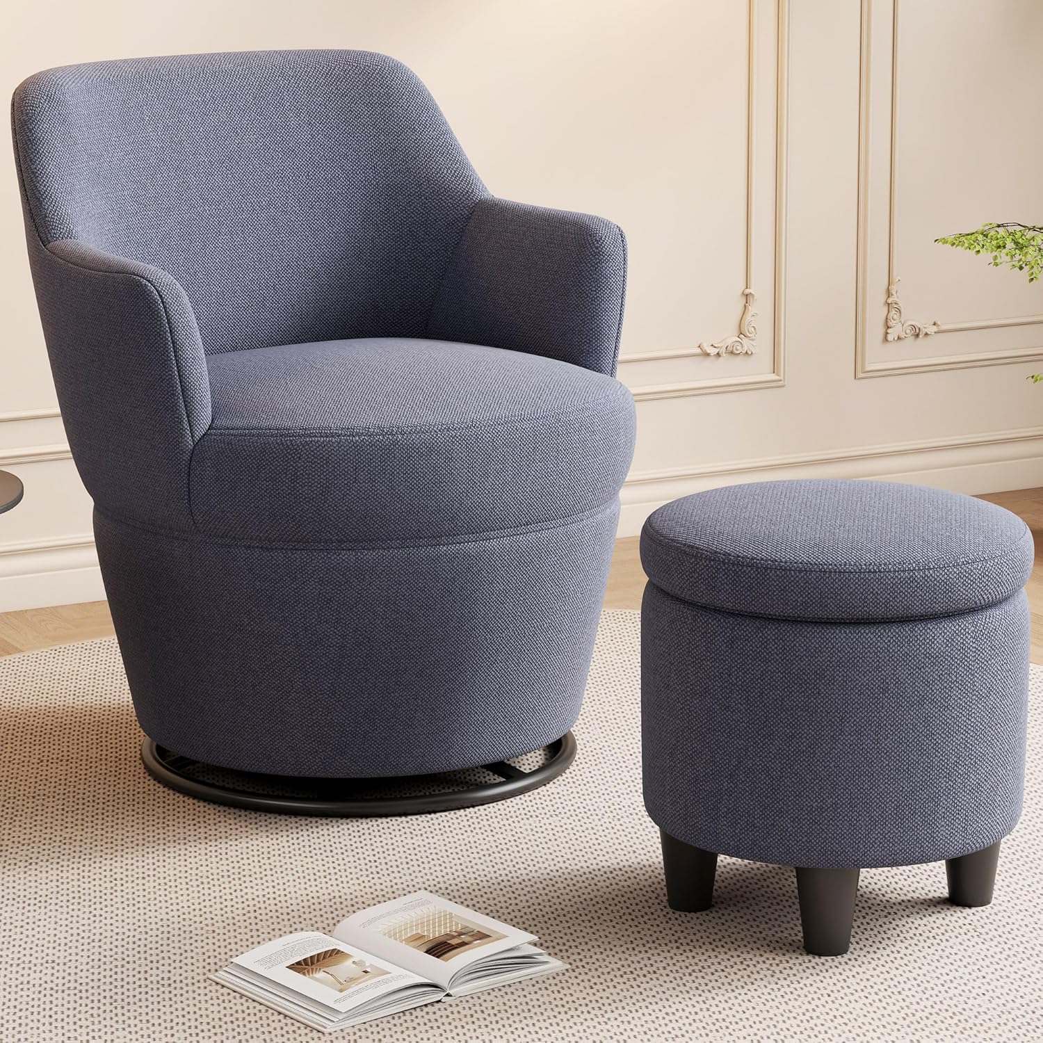 27" Swivel Accent Chair, Lounge Sofa with Ottoman, Nail Trimmed Barrel Chair for Living Room, Nursery & Vanity, Blue