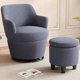 360° Swivel Accent Chair with Ottoman, Comfortable Lounge Sofa with Nail Trim and Storage, Modern Design, Beige/Blue