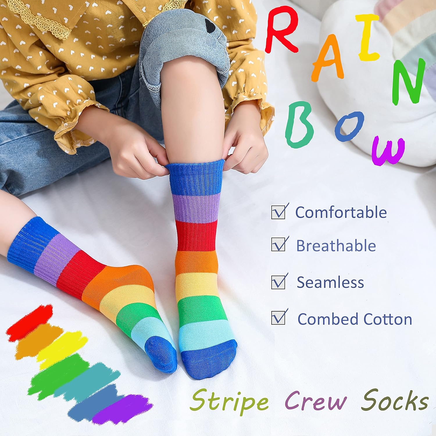 Marchare Girls Seamless Crew Cotton Socks Kids Casual Socks School Socks Rainbow Stripes 5 Pack - Image 3