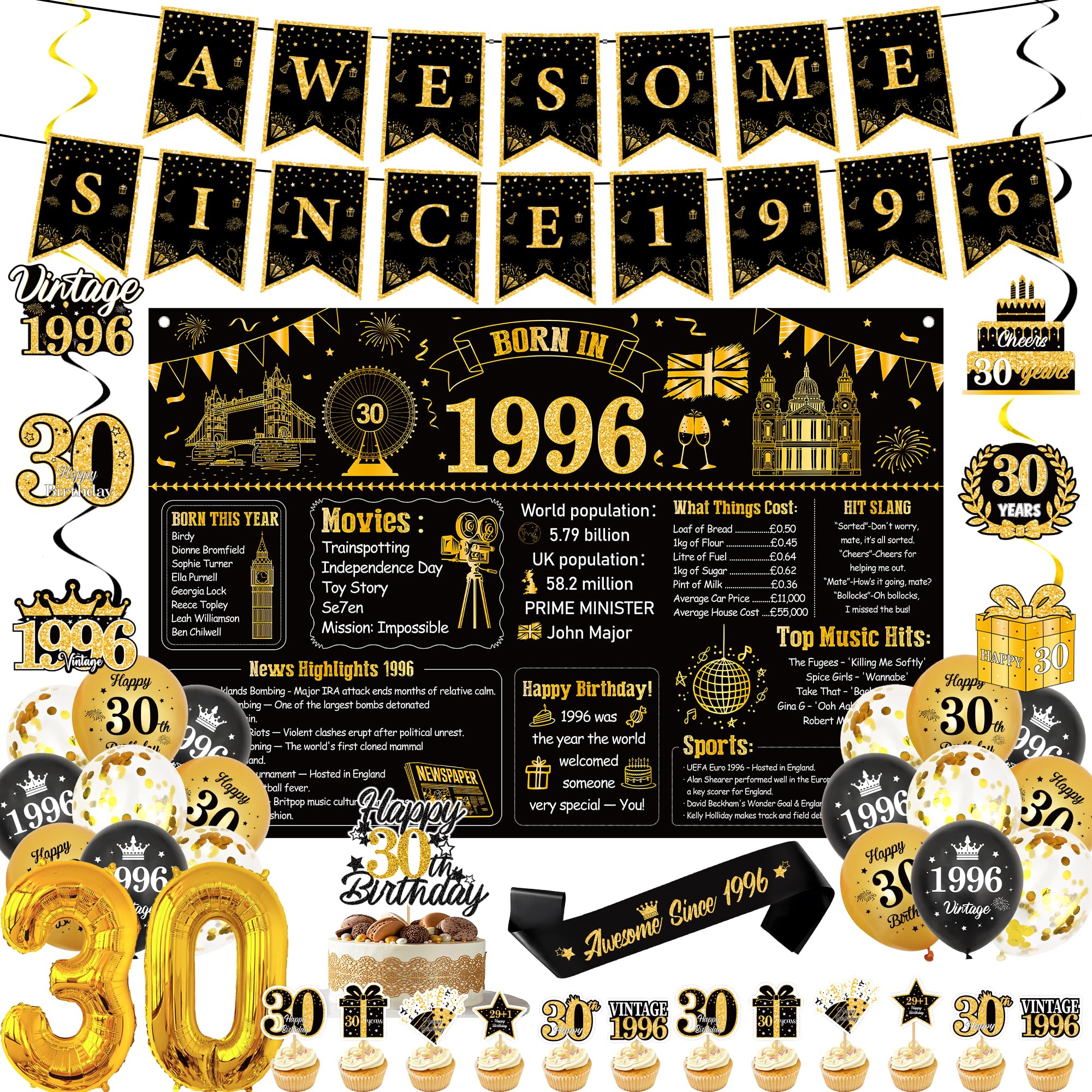 30th Birthday Decorations Set Men - 43 Pcs Vintage Black and Gold Awesome Since 1996 Banners, Backdrop, Balloons, and Hanging Swirls for 30th Birthday Party Supplies