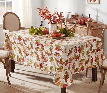 Newbridge Rustic Acorn & Leaf Fall Vinyl Tablecloth with Flannel Backing, 52 x 52 Inch Square Autumn Thanksgiving Dining Room Table Cover