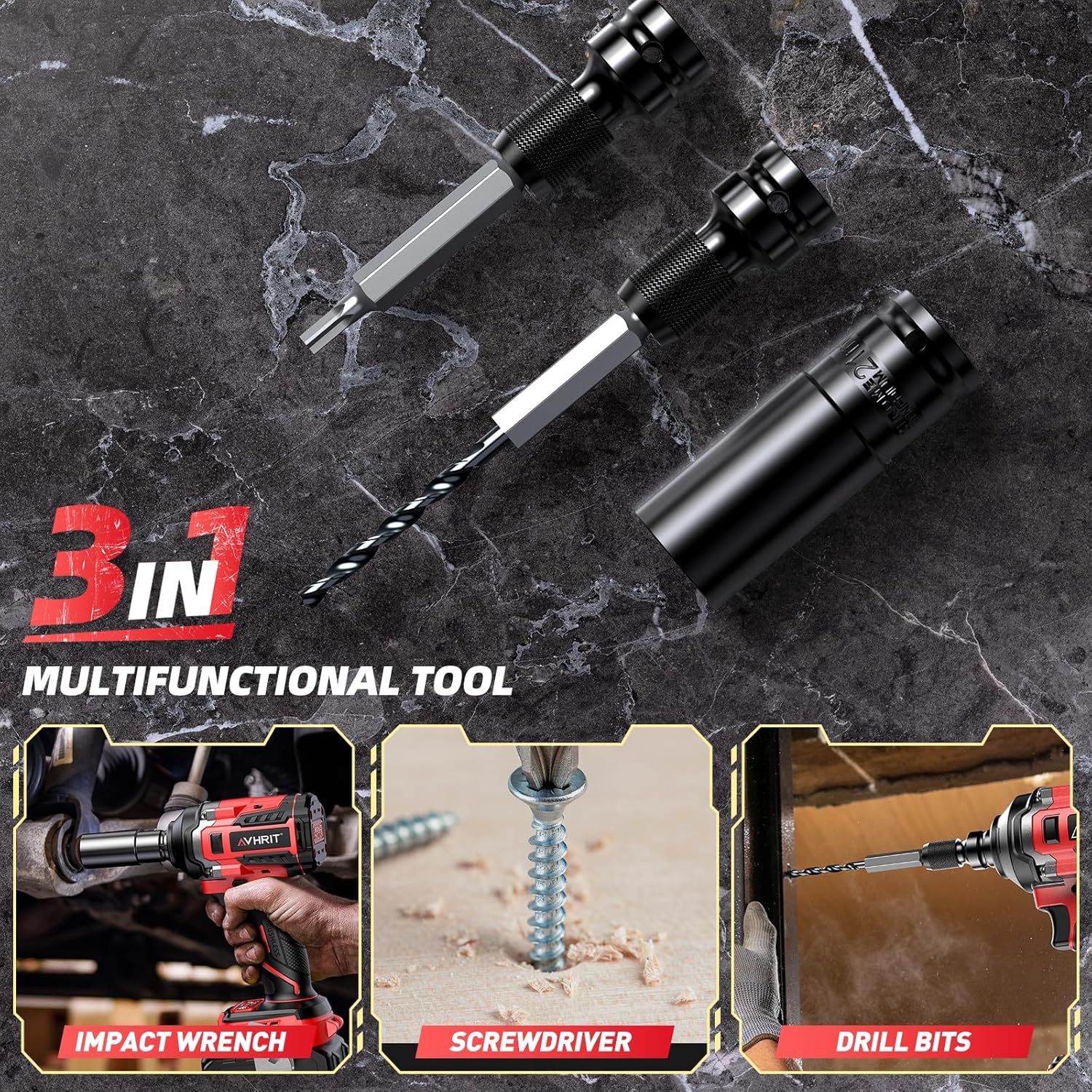 Avhrit 3-in-1 Multifunctional Tool showing impact wrench, screwdriver, and drill functions