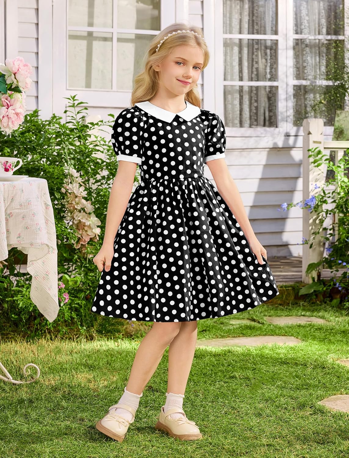 ODIZLI 1950s Dress for Girls Polka Dots Dresses Short Sleeve Peter Pan Collar 50's Style Themed Party Outfits - Image 2