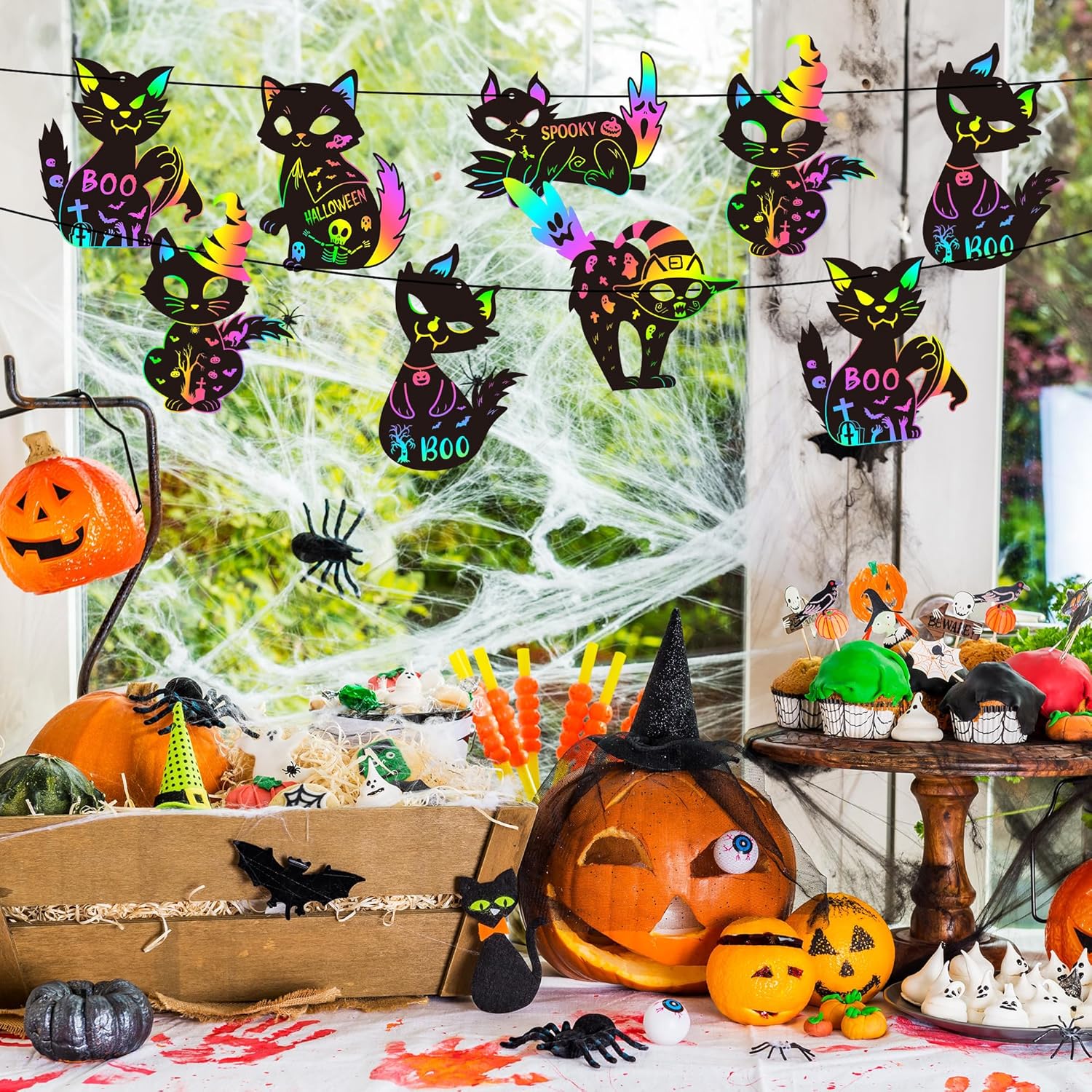 CY2CSIDE Halloween Black Cat Scratch Cards - 60PCS Halloween Spooky Ornament Scratch Card Gift Set for Kids DIY Black Cat Skull Magic Arty Rainbow Color Bookmark Craft Kit for Kids School Activity