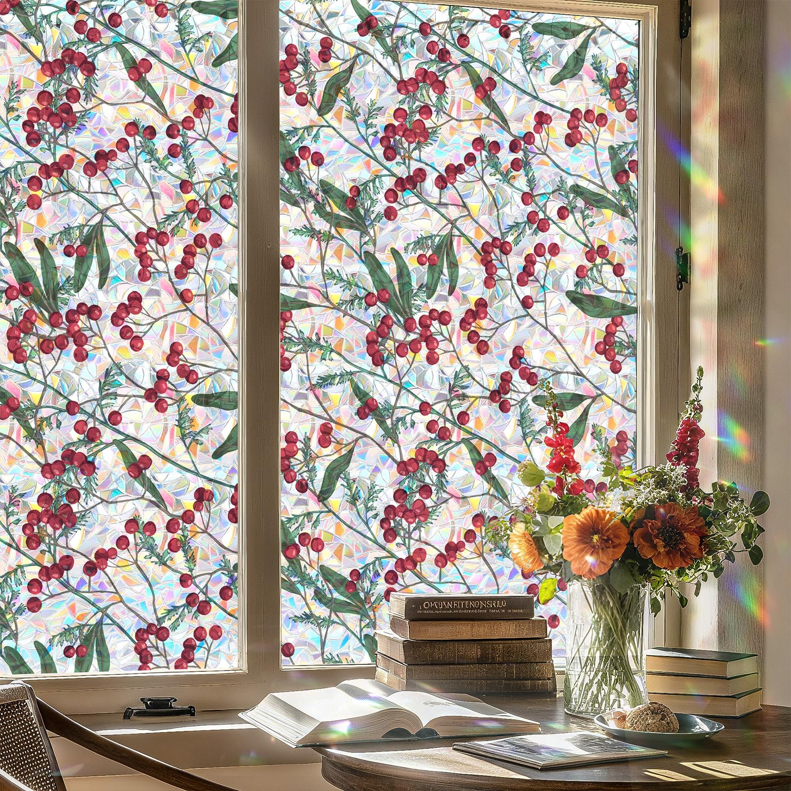 Window Privacy Film, Stained Glass Decorative Static Cling, Removable Laser Sun Blocking Vinyl Covering,Window Film for Home Kitchen Living Room, Winter Berries, 17.3" x 78.7 "