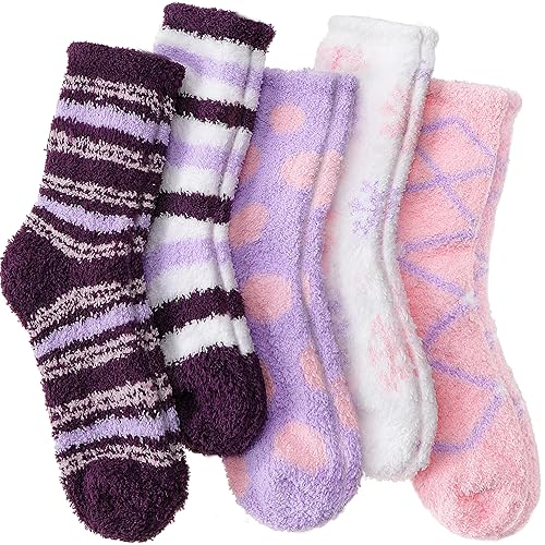 ANTSANG Womens Fluffy Socks Winter Cosy Slipper Bed Warm Thick Soft Fleece Comfy Ladies Cabin Plush Socks - Purple Pink Stripes