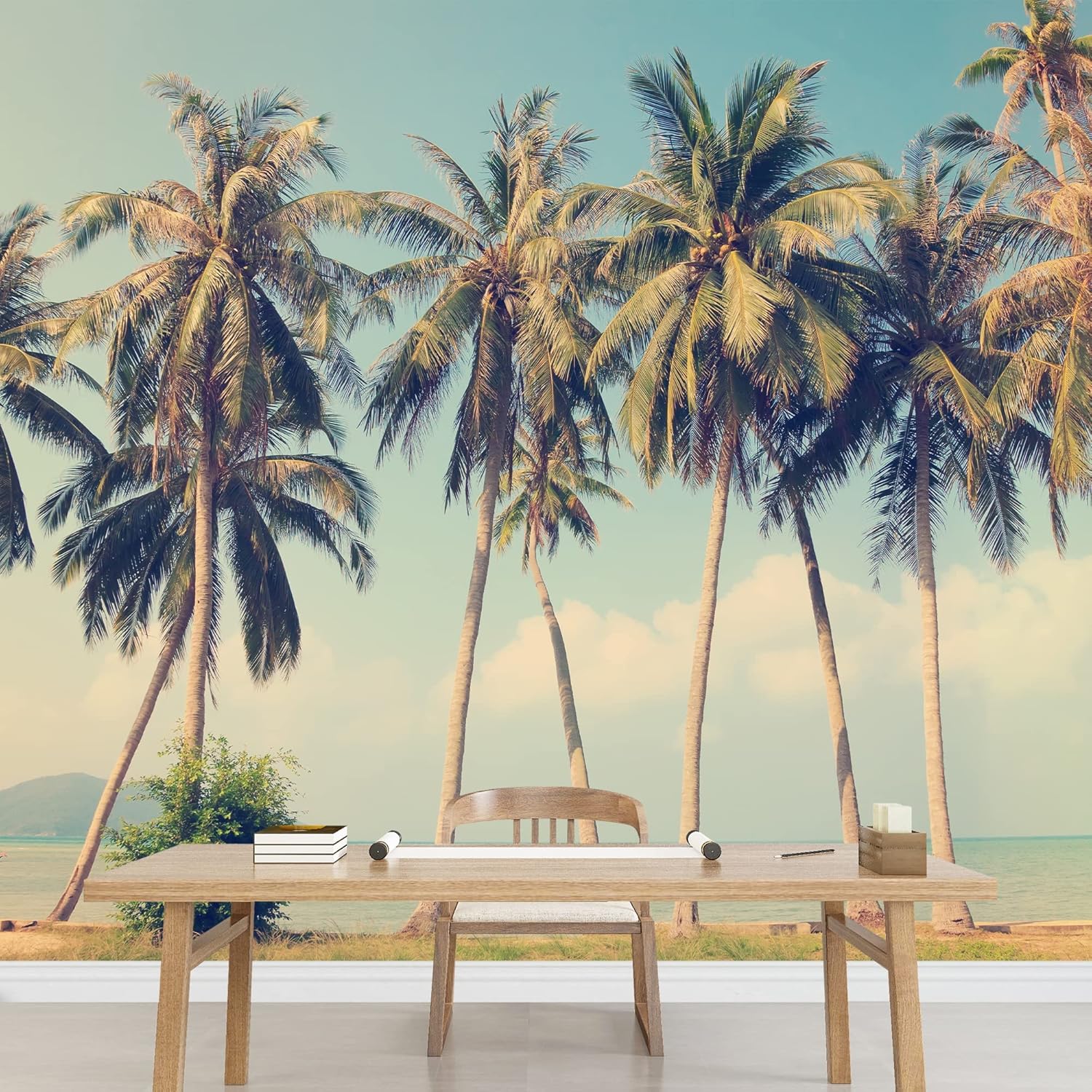 wall26 - Vintage Tropical Palm Trees on a Beach Removable Wall Mural Self-Adhesive Large Wallpaper - 100x144 inches