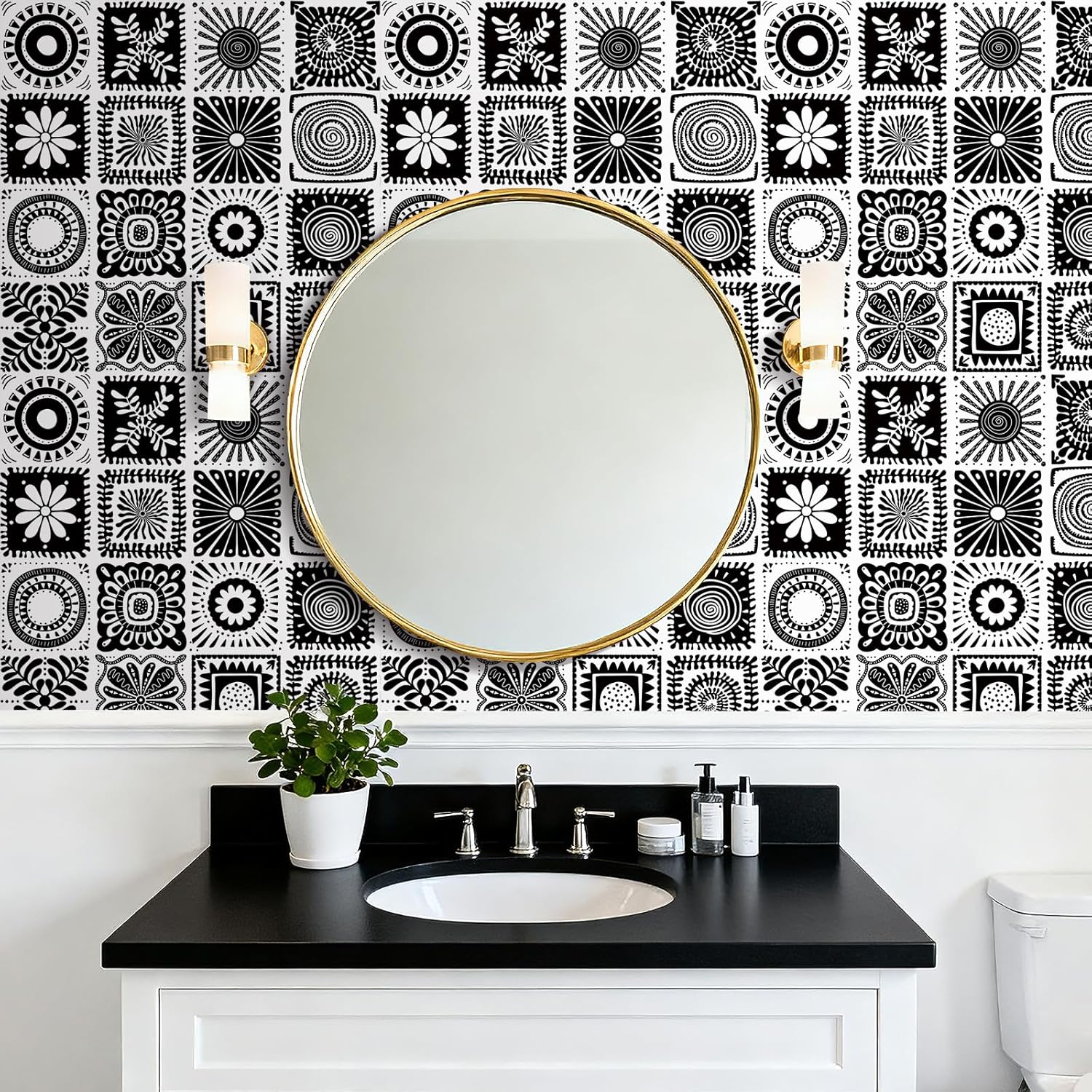 Decotalk Moroccan Wallpaper Peel and Stick Black and White Tile Wallpaper Boho Wall Paper 17.5x120 Inch Tile Contact Paper for Cabinets and Drawers Boho Wallpapers for Bathroom Bedroom Black/White