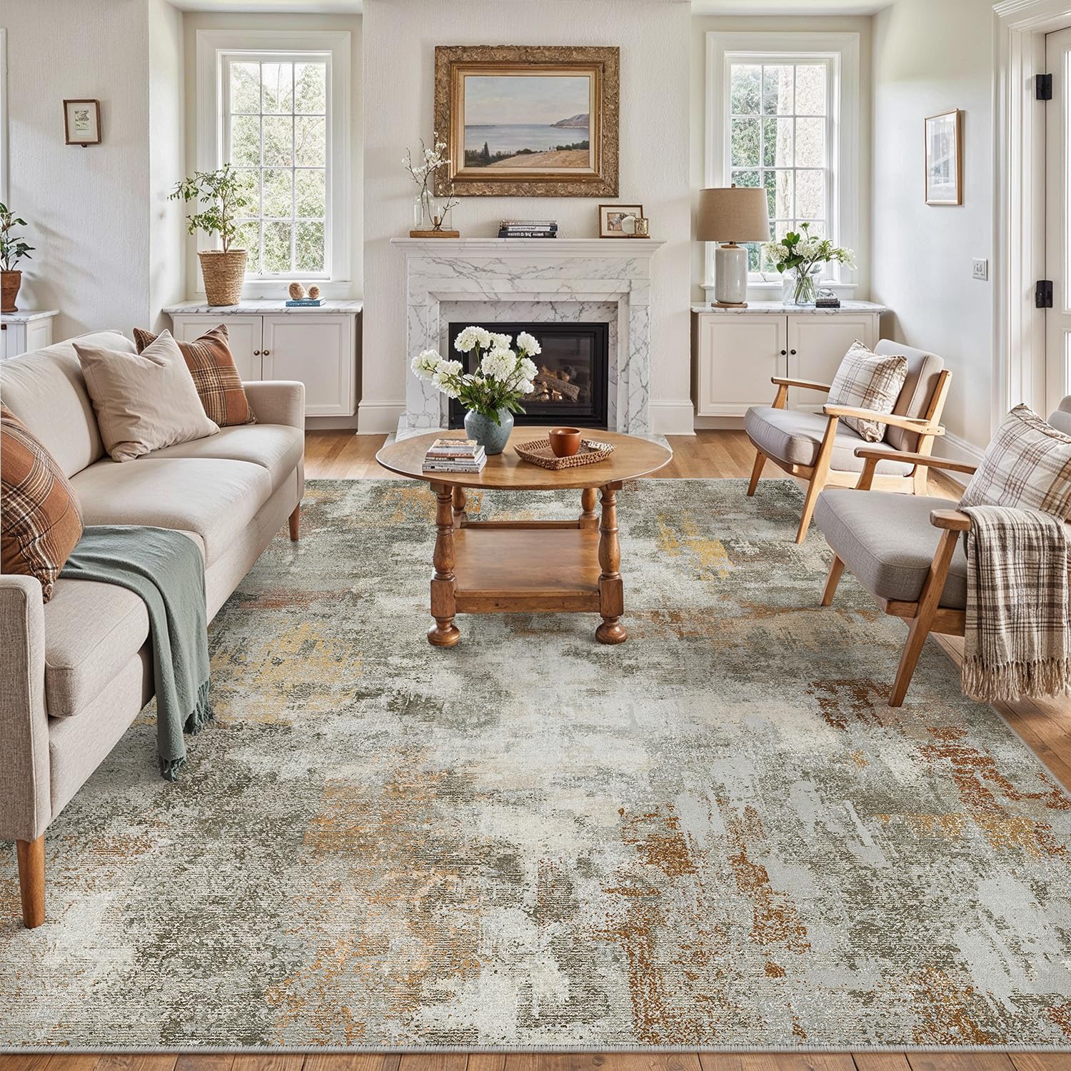 PureCozy Modern Abstract Area Rug Living Room Extra Large 200x300cm Non-Slip Orange-grey Carpet Lightweight Short Pile Washable Floor Mat for Bedroom Dining Room Nursery Lounge Home Office Decor — image 1