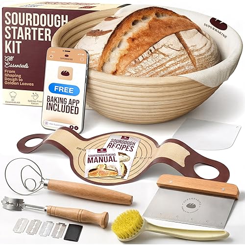 Superbaking Sourdough Starter Kit, 9" Round Banneton Bread Proofing Basket Set, Sourdough Bread Baking Supplies, Sourdough Tools with Silicone Bread Sling, Bread Making Tools, Baking Gifts - Set Of Bread Proofing Basket + Round Sling