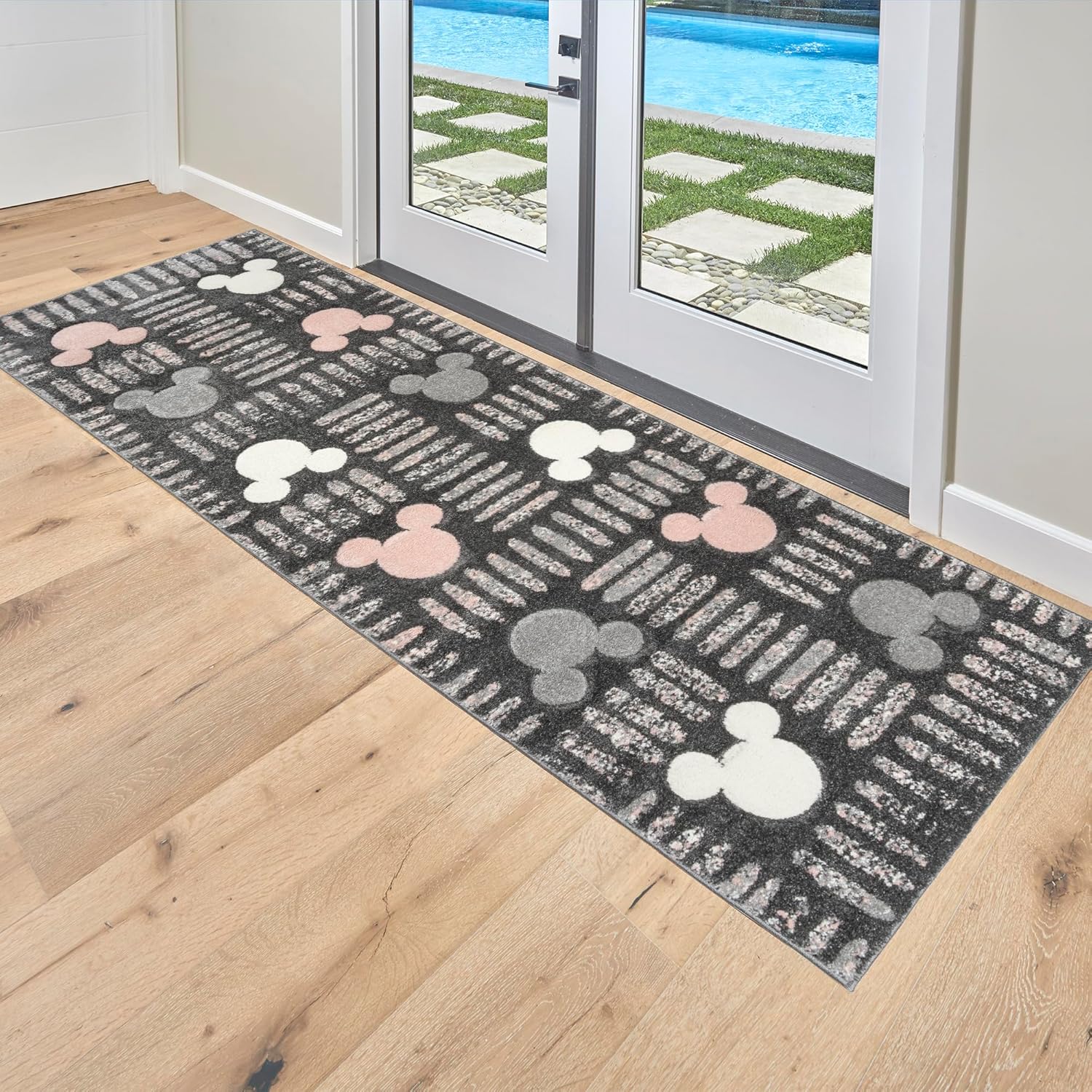 Gertmenian Disney Mickey Mouse Modern Indoor Rug - 2x8 Runner, Non-Shedding, Ideal for High Traffic Areas in Living Room, Bedroom, Entryway - Strokes, Gray/Pink, 27902