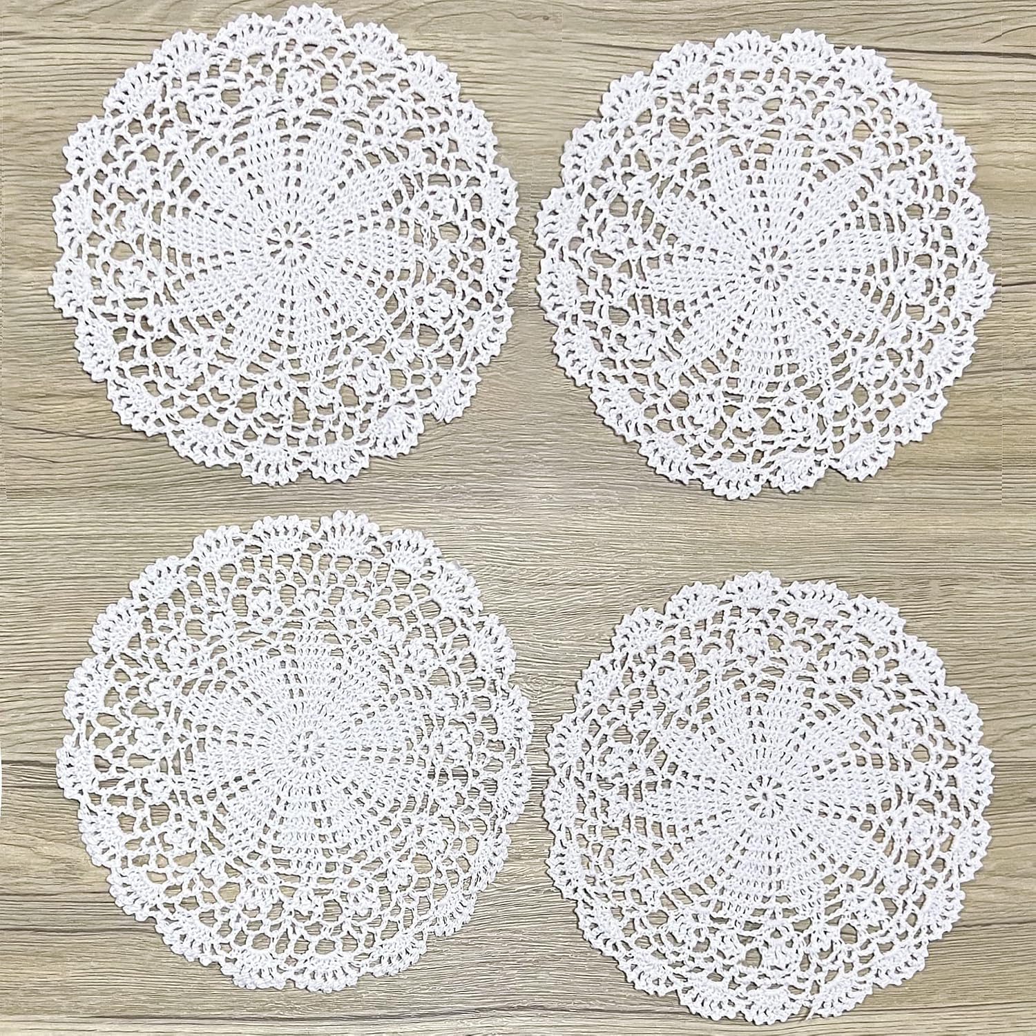 PHANTOMON Crochet Doilies Handmade Round Cotton Lace Table Placemats Knitted Tablecloth, Star Pattern Rippled Edge, Pack of 4 (10 Inch, White)