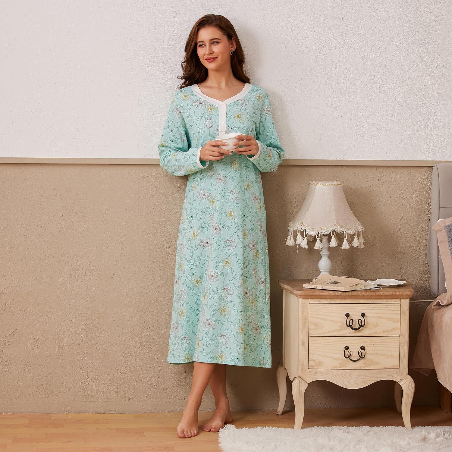 Keyocean Cotton Nightgowns for Women, Soft Comfy Long Sleeve Sleepwear House Dress for Sleeping Lounging - Image 3