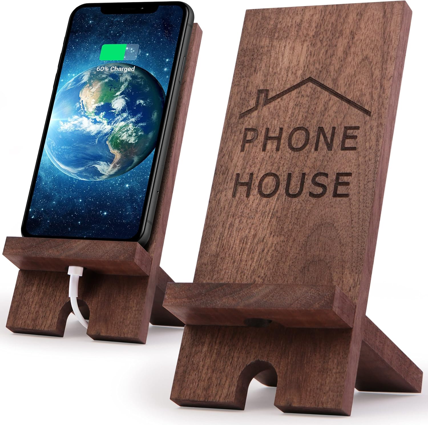 Wood Cell Phone Stand - Desktop Phone Holder for Desk - Walnut Eco-Friendly Stand Compatible with All iPhone (12, 11, X, Pro, Mini, Max...) Samsung, Ipad, Tablet, Kindle (Phone House)