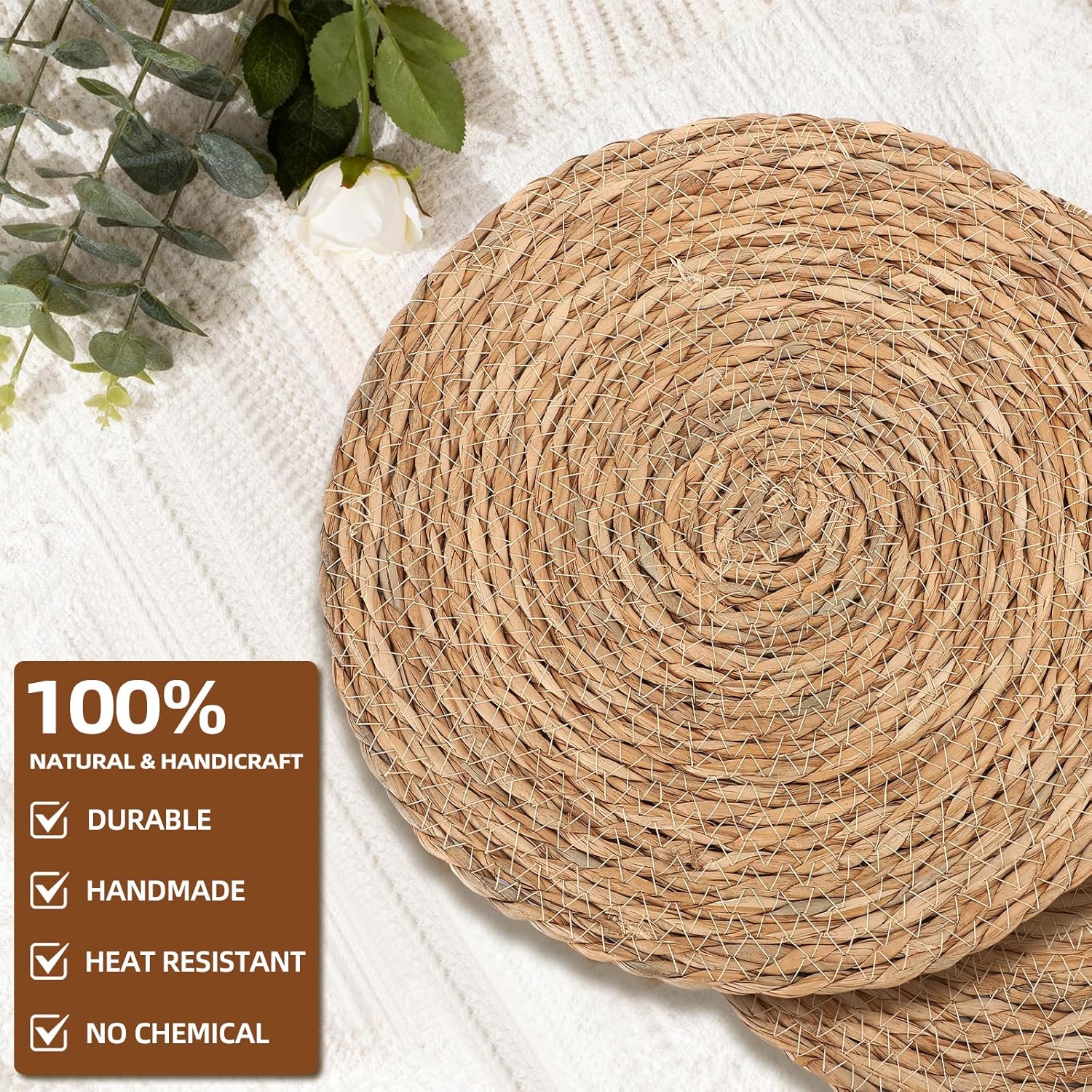 BSSN Woven Placemats Set of 6 with Water Hyacinth Storage Basket, Natural Woven Table Mats for Dining Table, Handmade Boho Wicker Place Mats, Heat-Resistant Round Farmhouse Table Decor