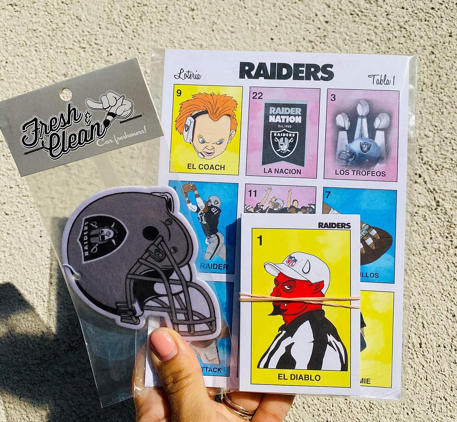 RAIDERS SET - Loteria Classic Matte Finish Board Game for Teens (156+) with 6 Game Boards, 24 Cards & Helmet Car Air Freshener