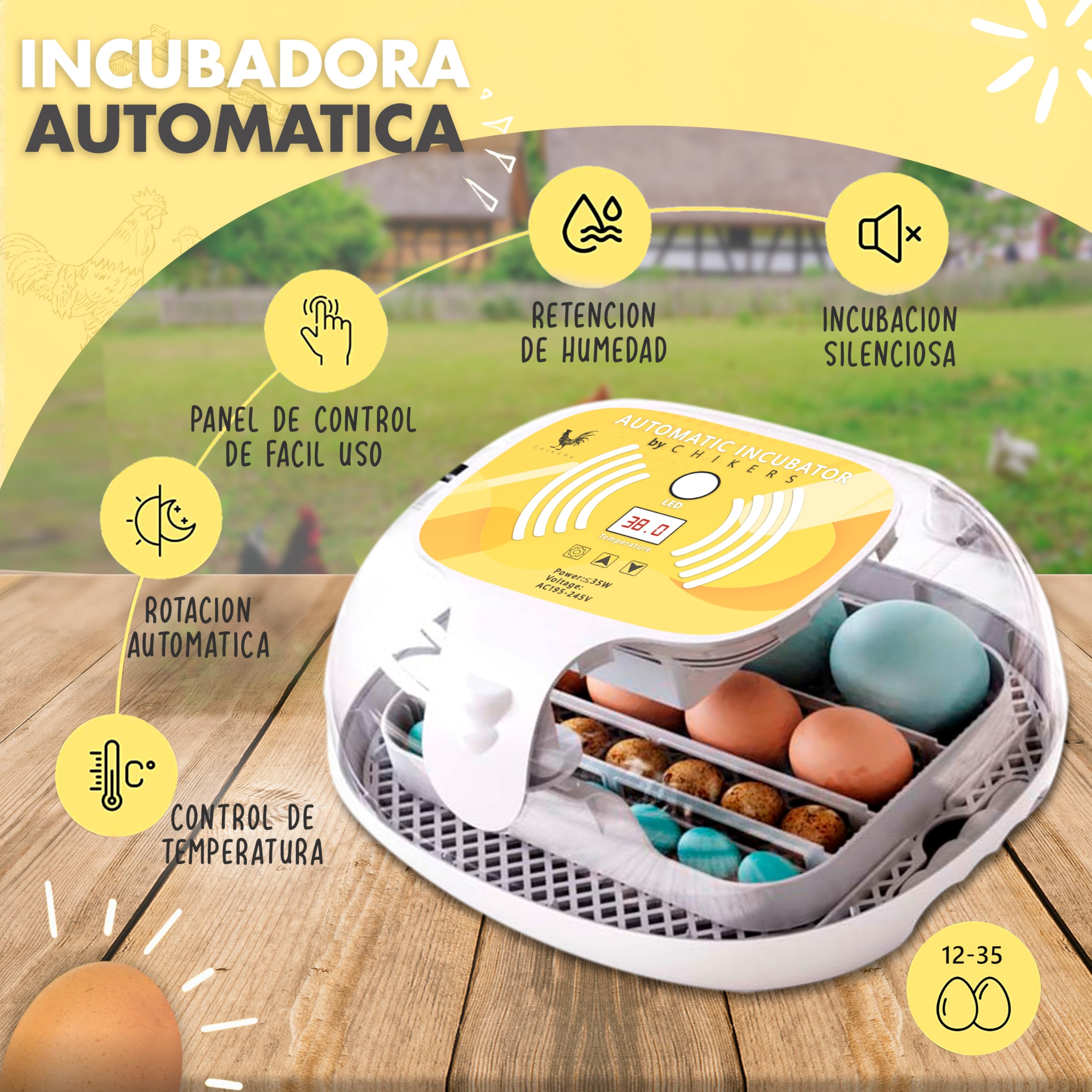Incubadora Automática de Huevos Gallina, Aves y Pollos | para 12-35 Huevos | Rotación Automática y Control de Temperatura | Incubadora para Corrales y Uso doméstico | Nuevo Modelo 2025