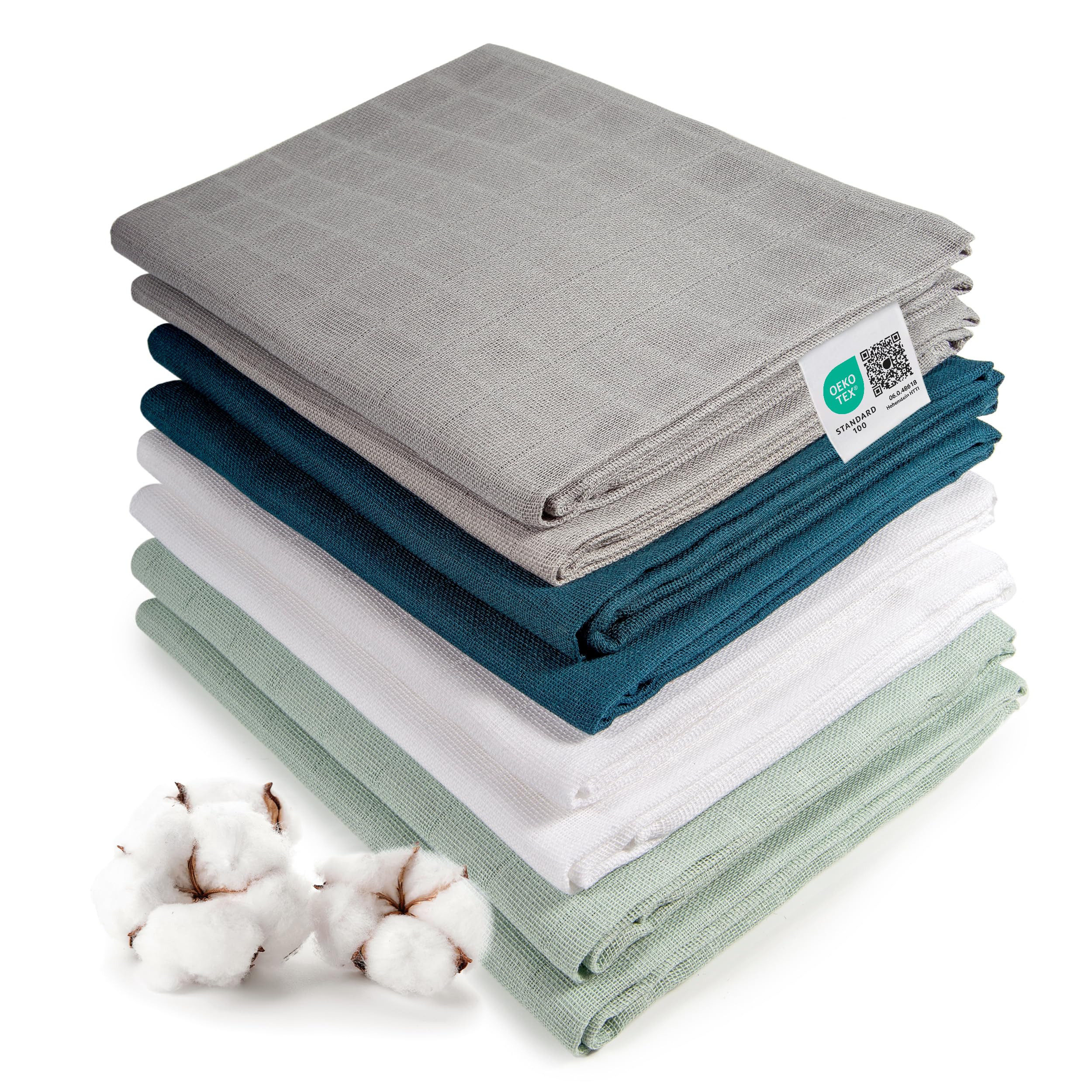 MAKIAN 8 Stück Baby Mullwindeln 80x80 cm Set - Spucktücher/Mulltücher doppelt gewebt, weich aus 100% Baumwolle, Oeko-TEX® Standard 100 geprüft, maschinenwaschbar - Mint Blau Weiß