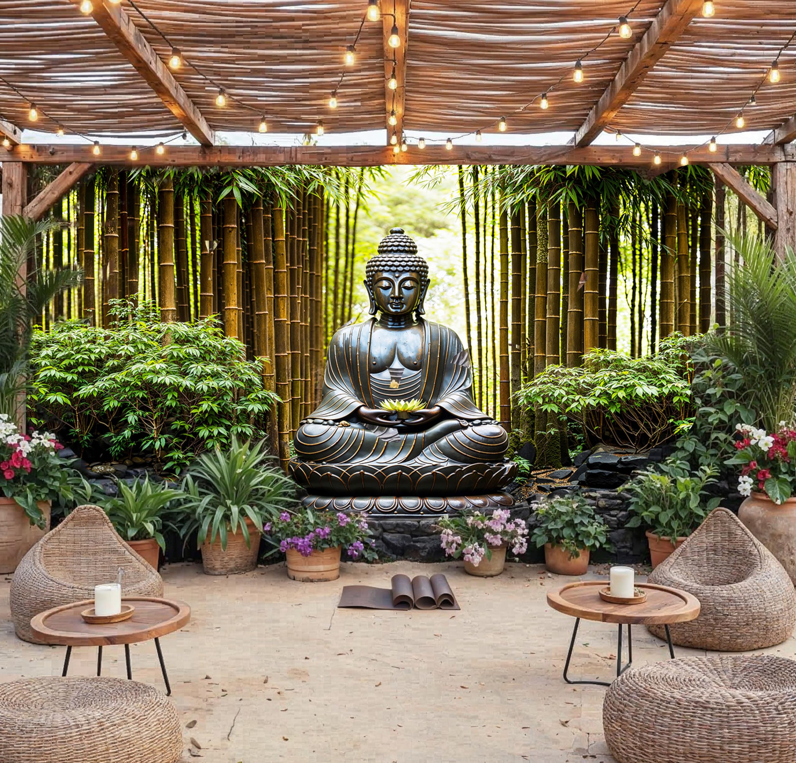 Sabrikas Let Your Creative Spirit Run Free Peaceful Buddha Bamboo Garden Mural, Tapestry & Curtain Waterproof Outdoor Wall Hanging, Zen Meditation Wall Art & Tranquil Fence Decor W157.48 Inches X H70.87 Inches