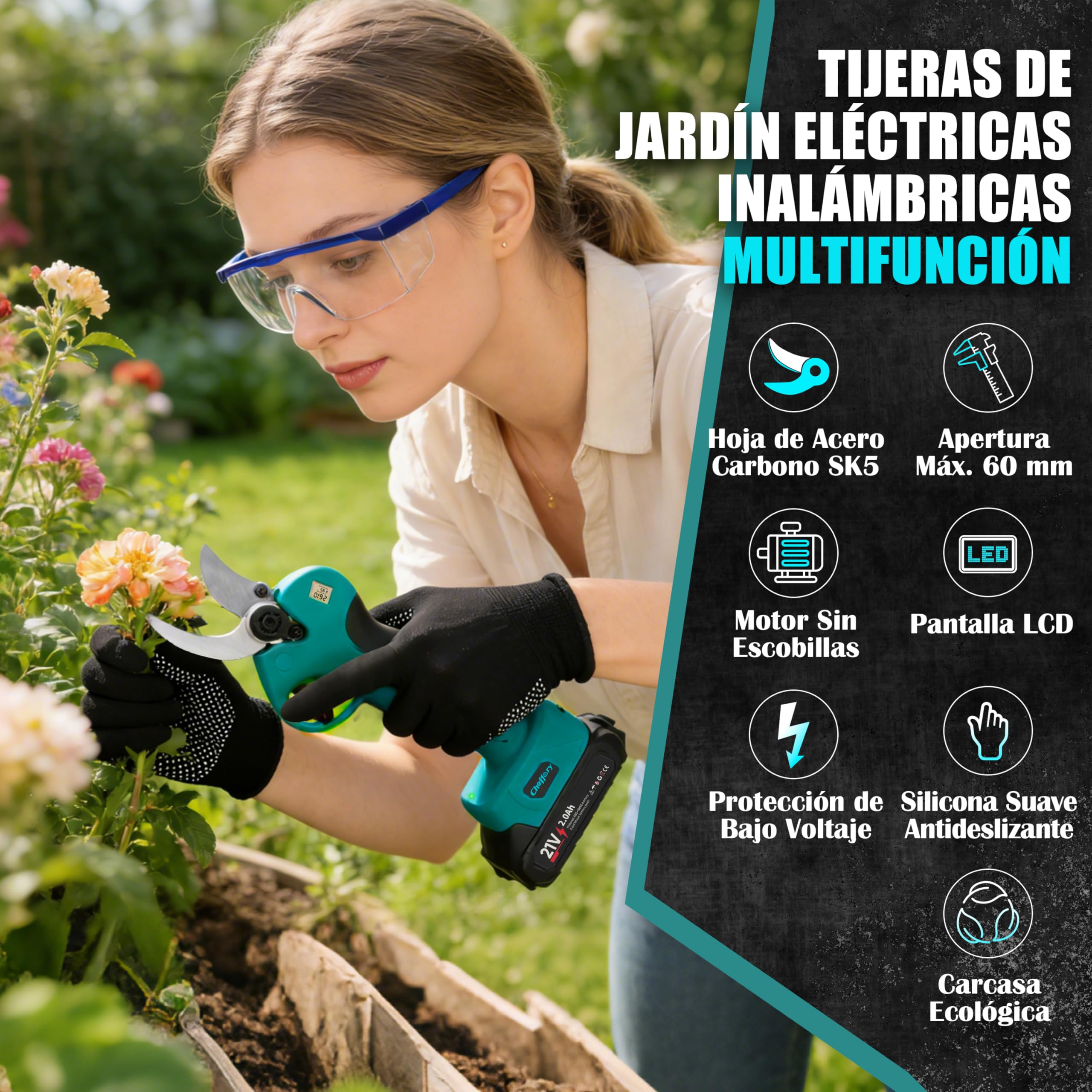 Tijeras de Podar Bateria, 60mm Tijeras de Podar Eléctricas con Motor Sin Escobillas 800W Hojas de Acero SK5 Pantalla LCD, Podadora Electrica para Huertos, Jardines y Granjas (Con Batería)