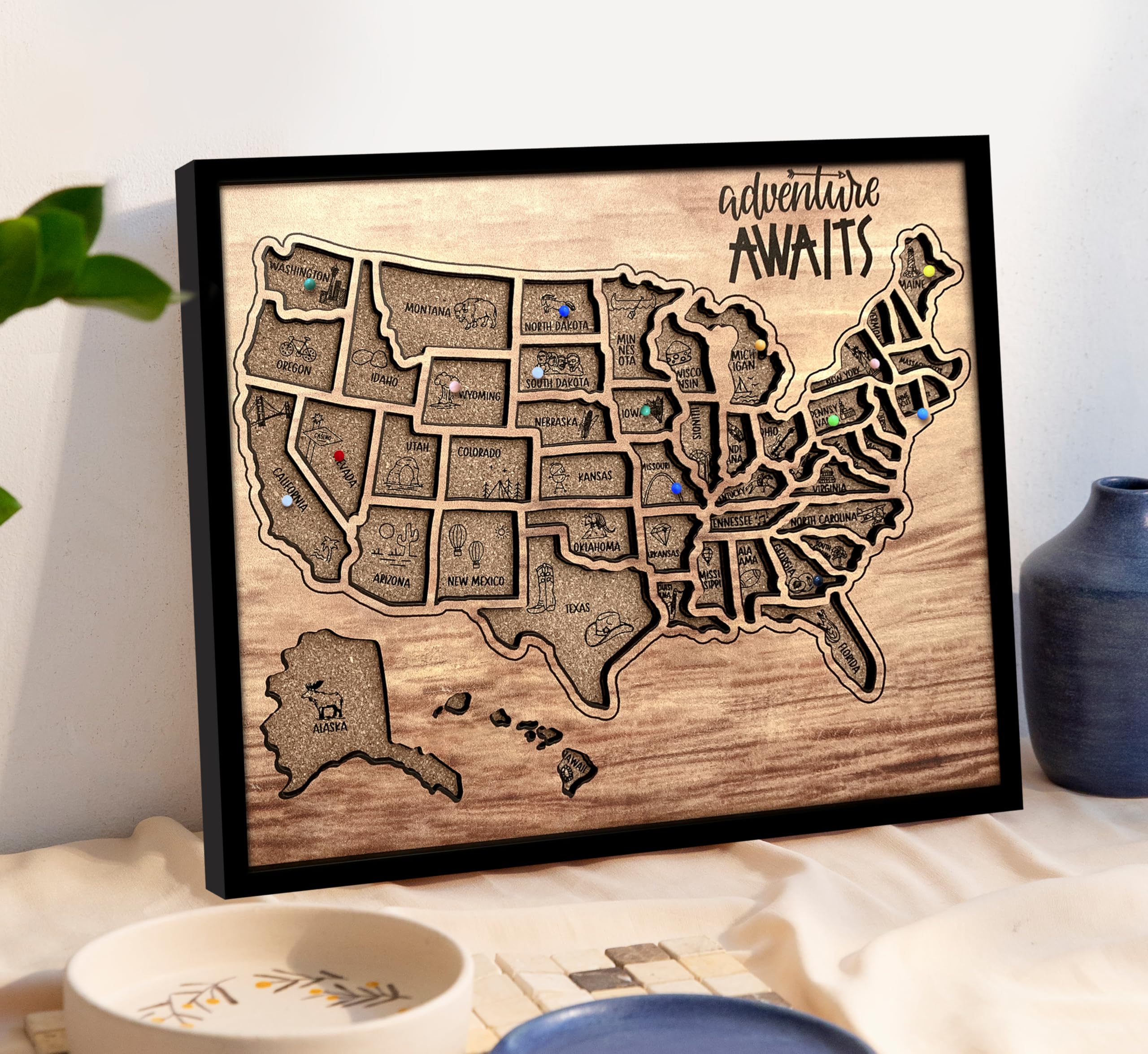 flinelife Mapa de viaje de corcho con alfileres, 12 x 10 pulgadas, tamaño mediano, mapa de Estados Unidos, perfecto para parejas y familiares