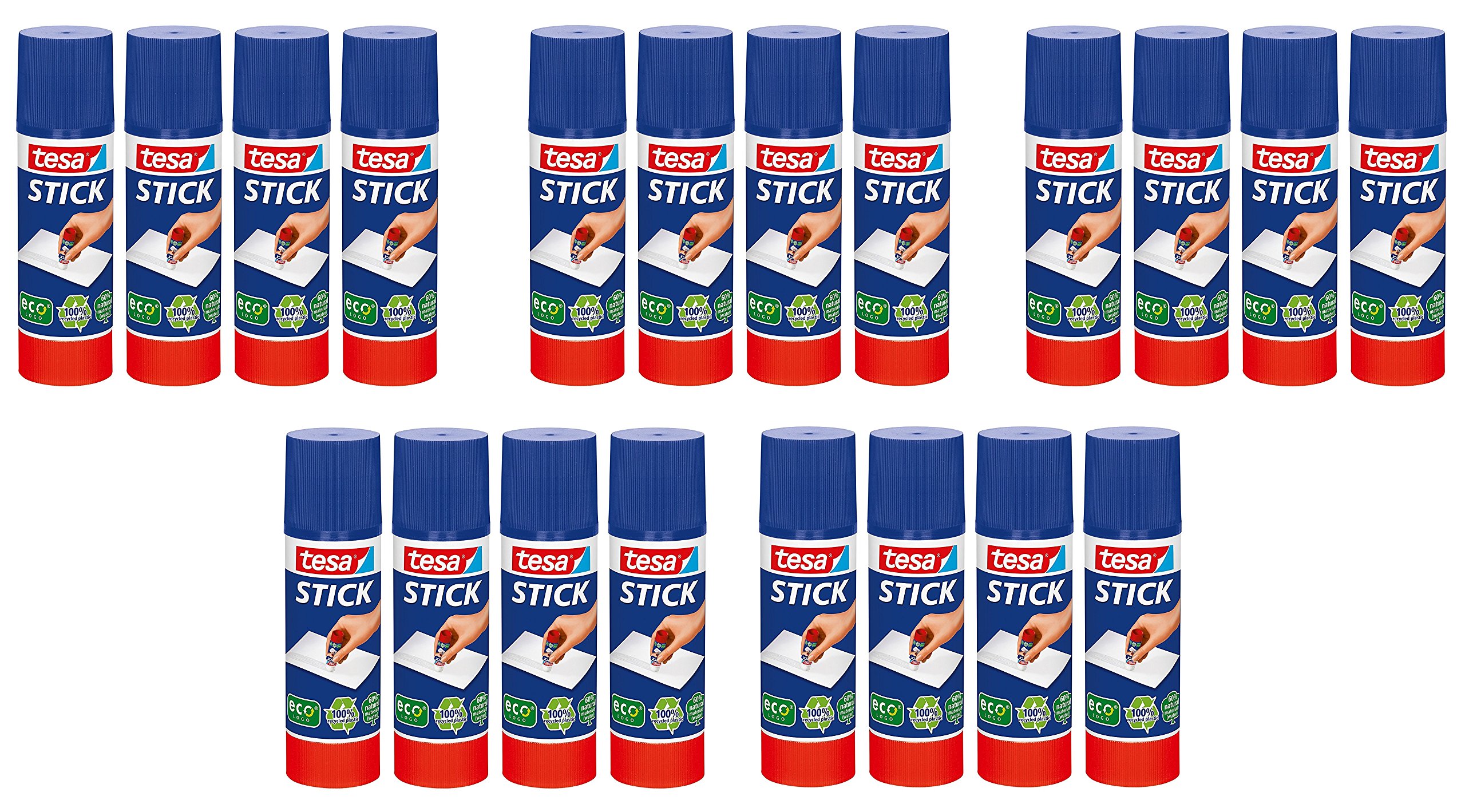 20 x tesa Klebestift, rund, ökologisch, [5x 3+1 gratis], 40g | 20 Sticks (5, 40g)