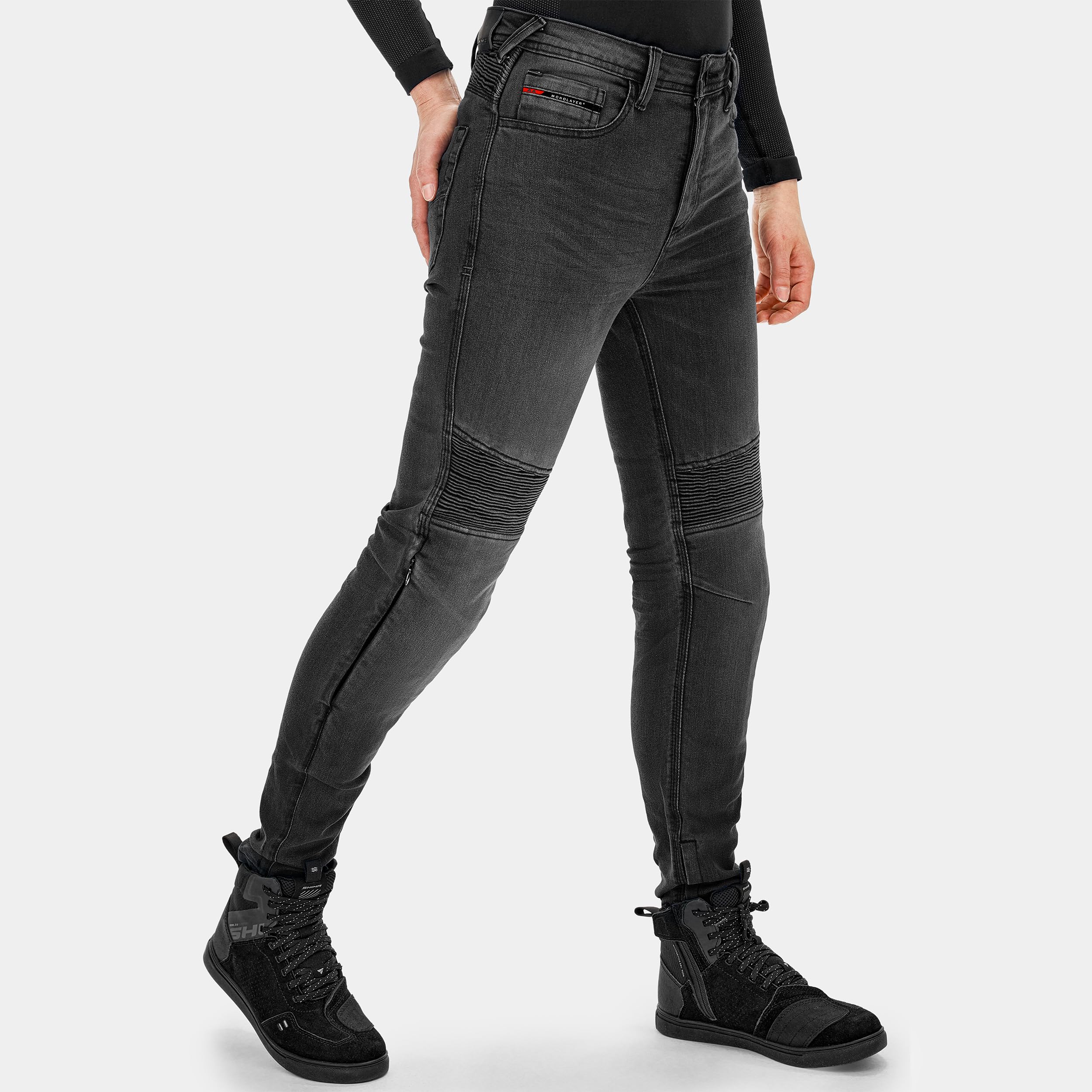 SHIMA Zenith Motorrad Jeans Damen mit Protektoren GFLEXX Knieprotektoren Motorradhose Kurzgrößen Hosen für die Frau Protektorenhose Textilhose Urban Stretch Jeanshose Lang (Frauen, Schwarz, 30/30)