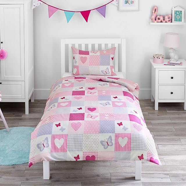Bloomsbury Mill - Hearts & Butterflies Patchwork - Kids Bedding Set - Pink - Single Duvet Cover and Pillowcase