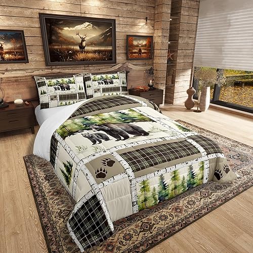 Miniatura 2 de Erosebridal Juego de edredón de oso rústico, juego de ropa de cama de animales de caza, juego de edredón de selva de granja, a cuadros, retazos, con