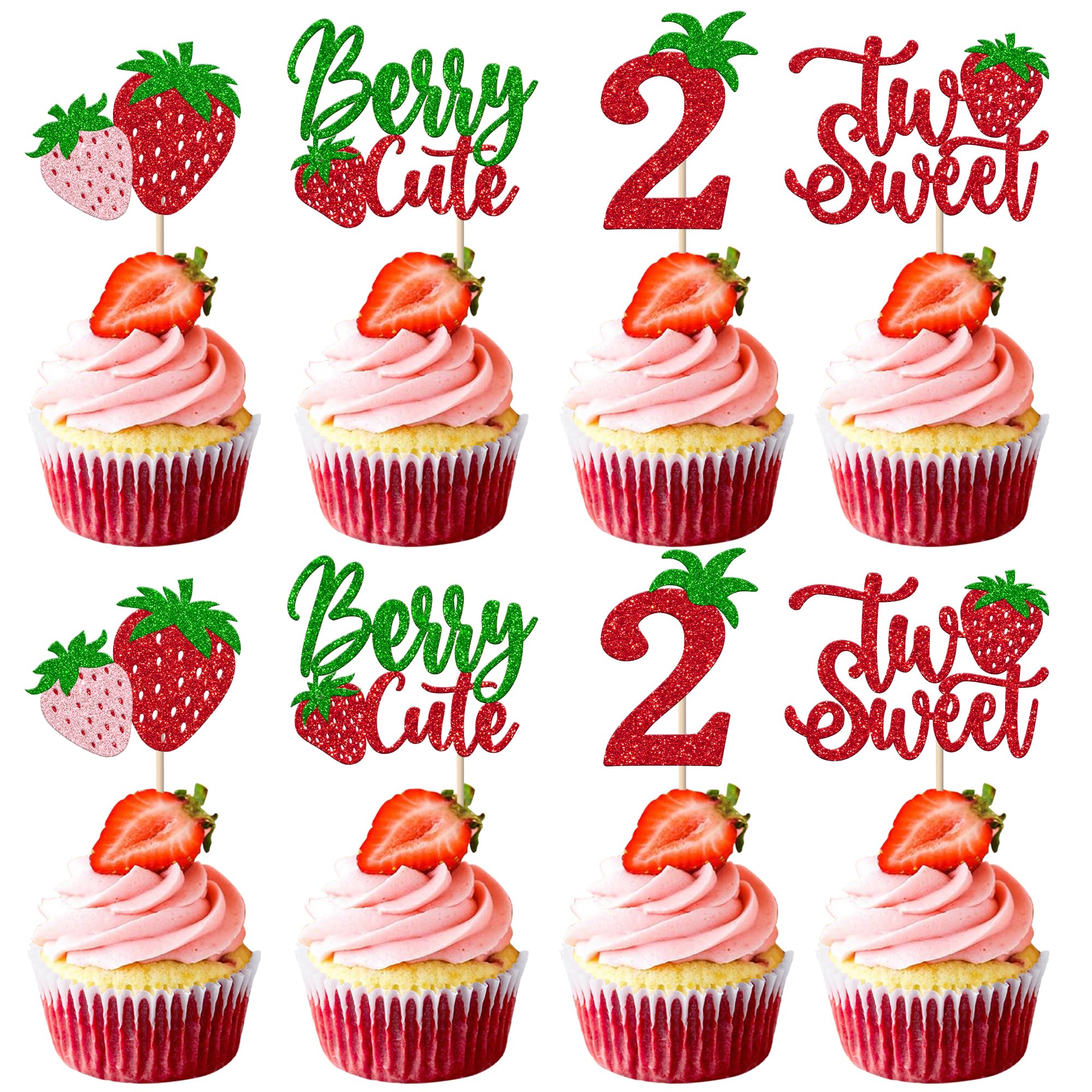 Rsstarxi 24 Pack Strawberry Sweet Two Cupcake Toppers Glitter Berry 2nd Birthday Cupcake Picks Decorations for Swee Fruit Baby Shower Second Birthday