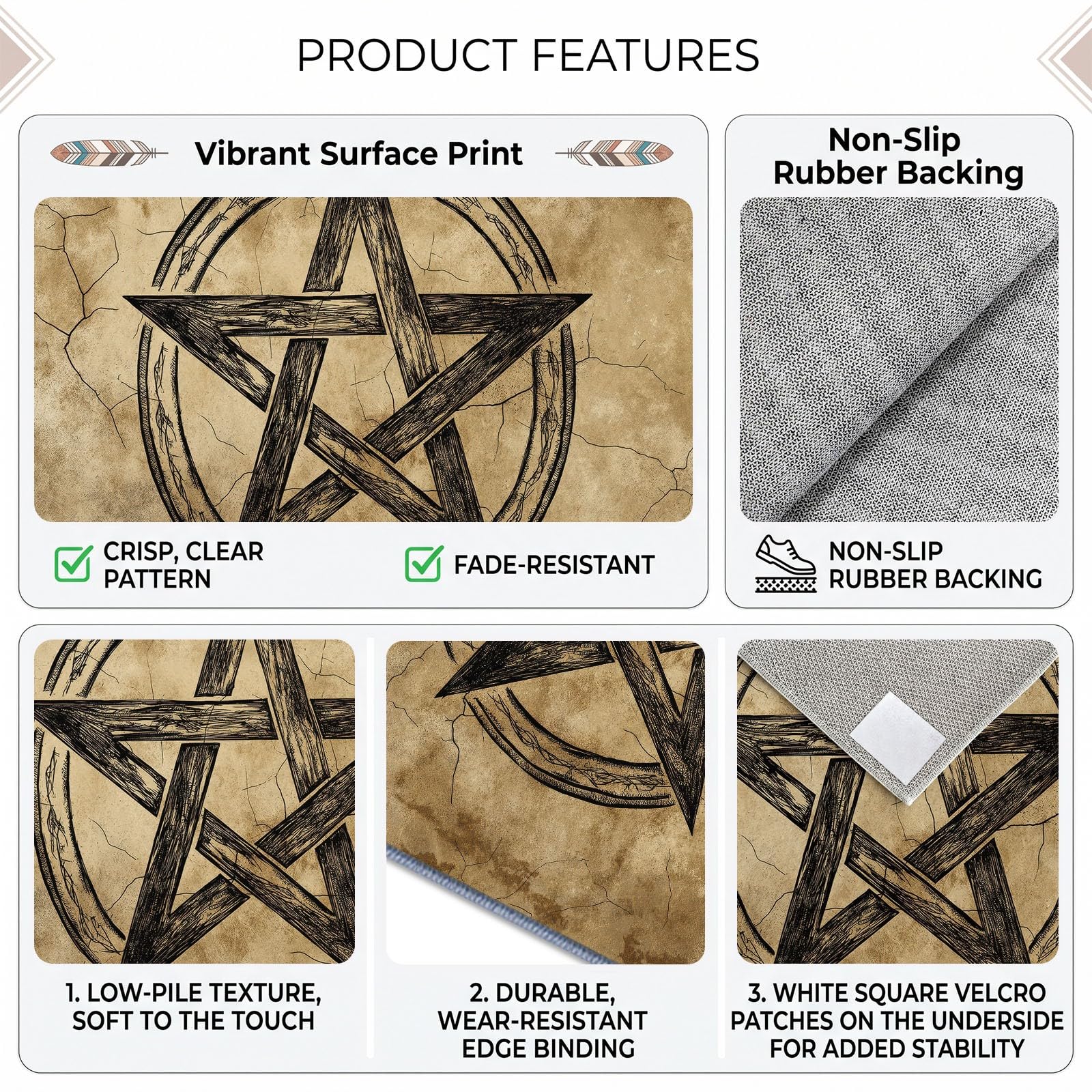Gothique Minimaliste Tapis Antidérapant 180 x 240 cm Doux Tapis, pour Salon Chambre à Coucher Salle à Manger Étoile Cinq Branches Double Anneau Cercle Lavable Poils Ras Lavable Poils Courts Moquette