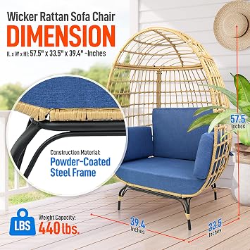 SereneLife Wicker Rattan Egg Chair with Cushions, Indoor Outdoor Egg Chair with Steel Frame and Washable Pillows, Woven Design, Comfortable Seating for Porch, Deck, Garden, or Room, 56 x 34 x 39