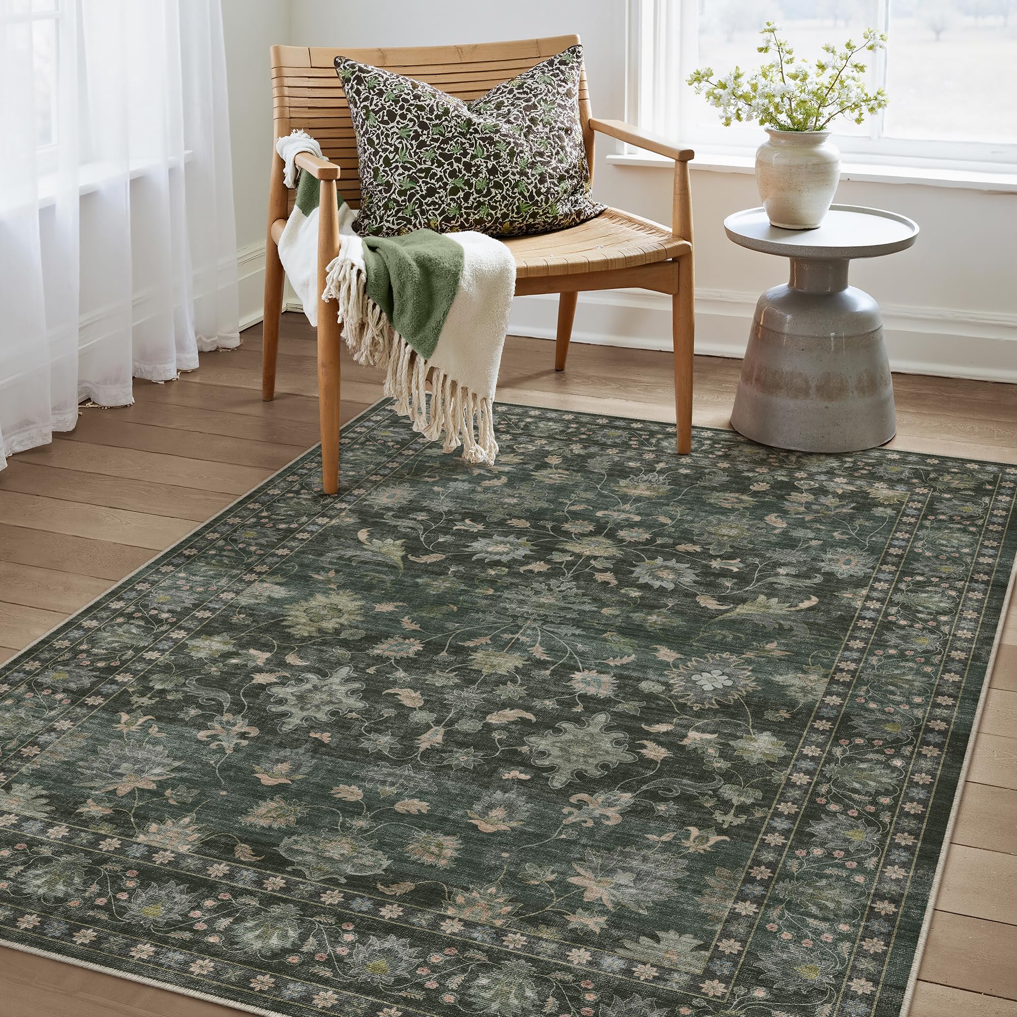PureCozy Teppich Wohnzimmer Waschbarer Blumenmuster kurzflor rutschfest Weich Bumen Boho Vintage Teppiche