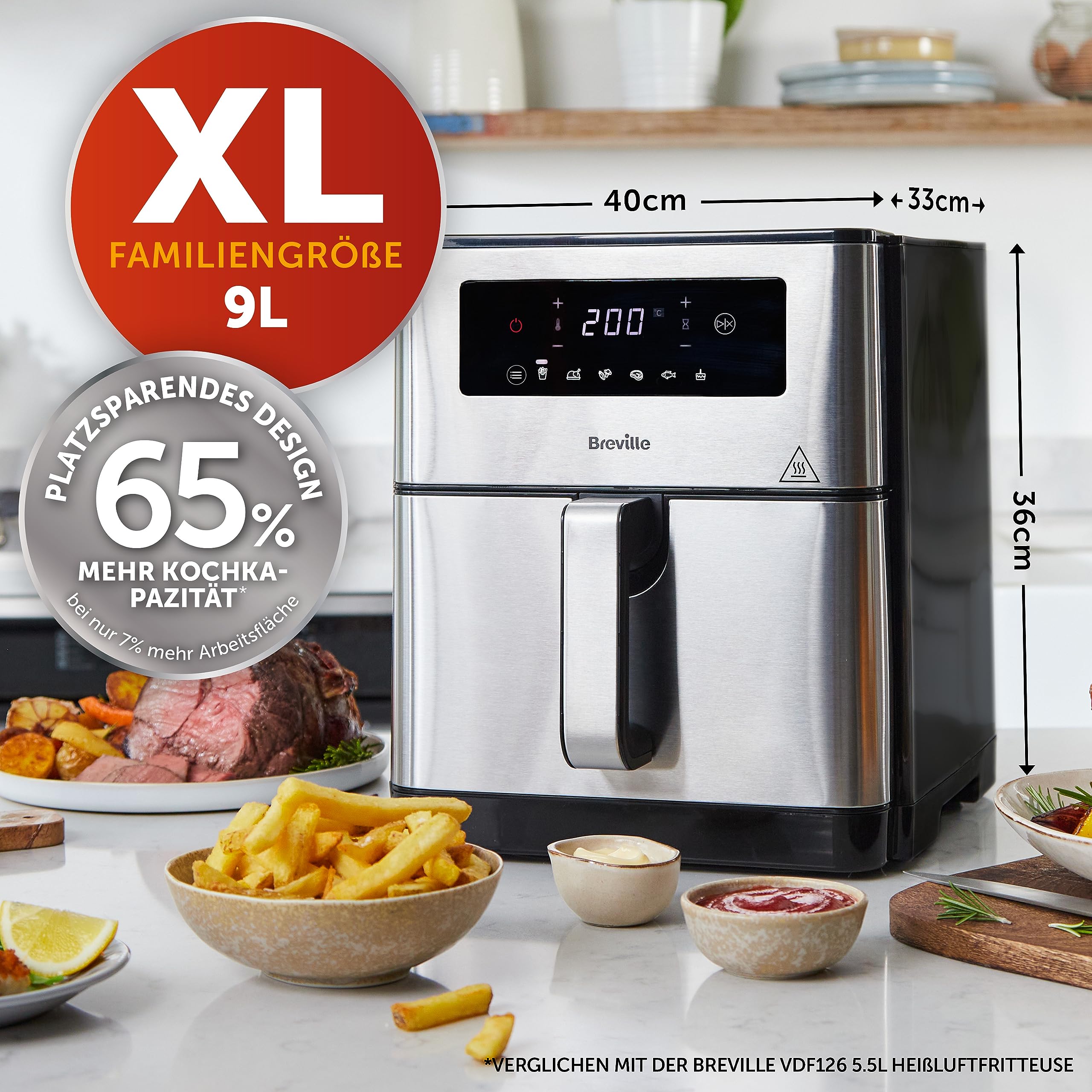 Breville Halo cyfrowa frytkownica na gorące powietrze, 1700 W, zapewnia szybsze rezultaty, 50% bardziej energooszczędna, duża pojemność: 9 l, duża pojemność: 65% więcej miejsca do gotowania, pieczenie