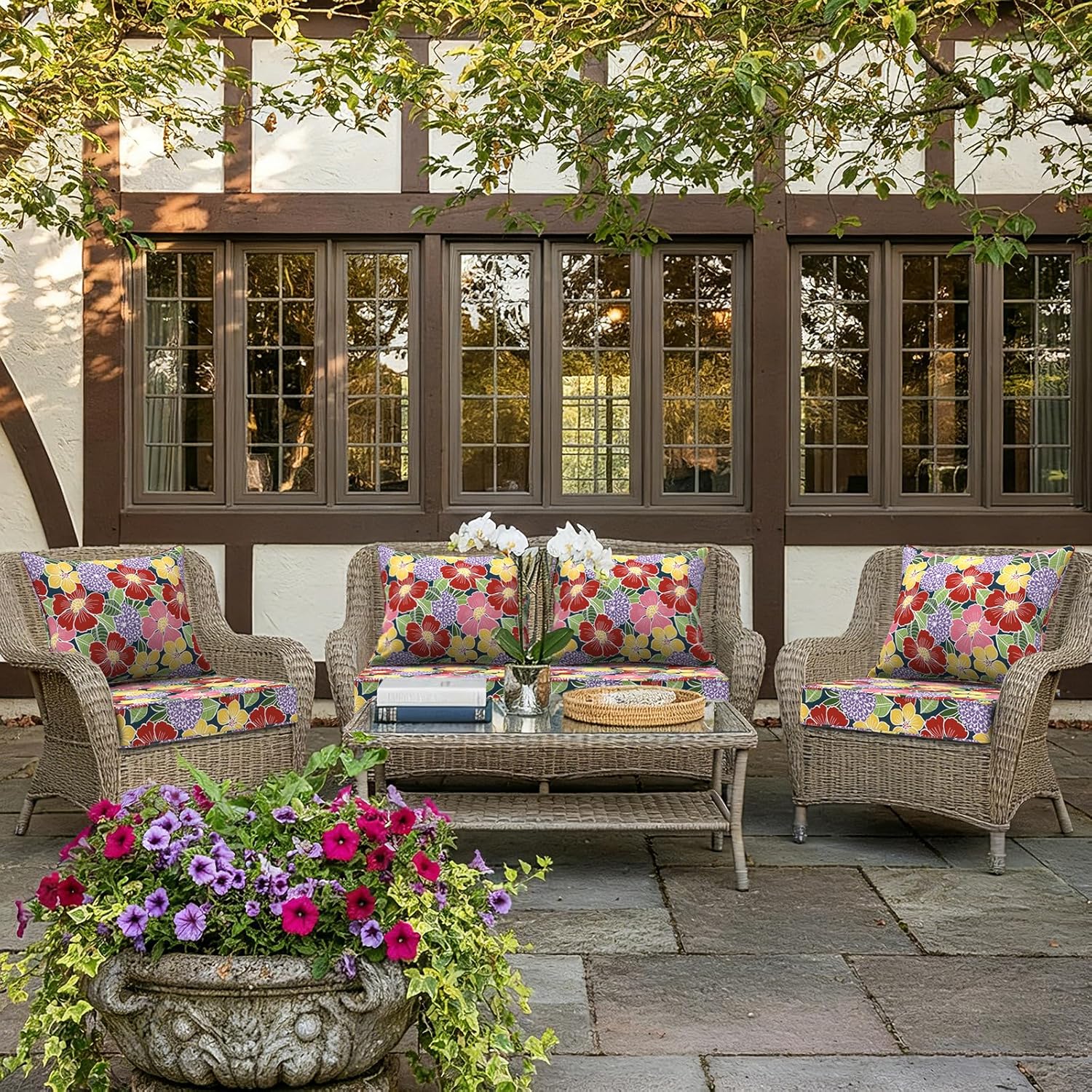 LVTXIII Outdoor Deep Seat Cushion Patio Seat and Back Cushion Set Seasonal Chair Cushion for Dining Arm Chairs, Wicker Chairs and Garden Furniture Decoration, 22"x22"x4", Flower Bloom