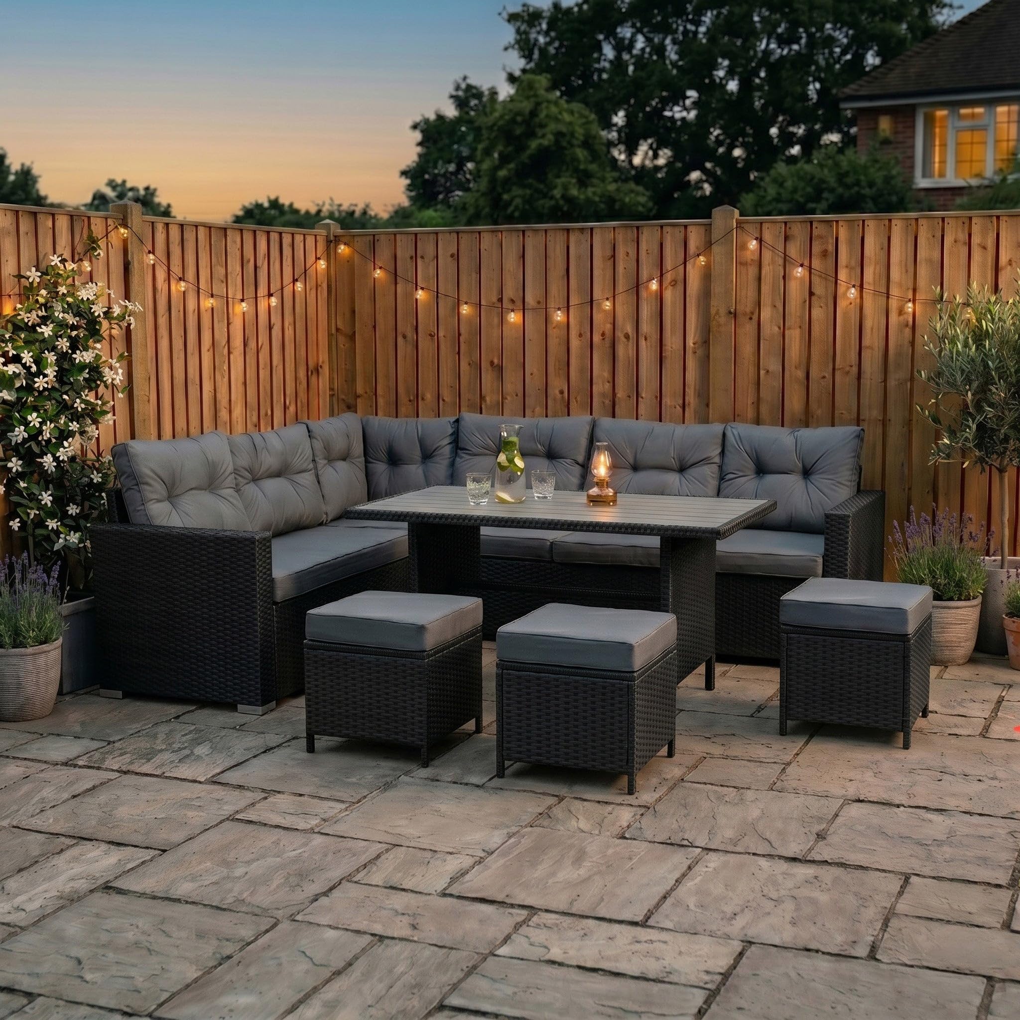 Conjunto Comedor Jardín Ratán 9 Plazas con Sofá Rinconera Mesa y Taburetes Muebles Exterior Poliratán Negro con Cojines Gruesos y Funda Impermeable Terraza Patio