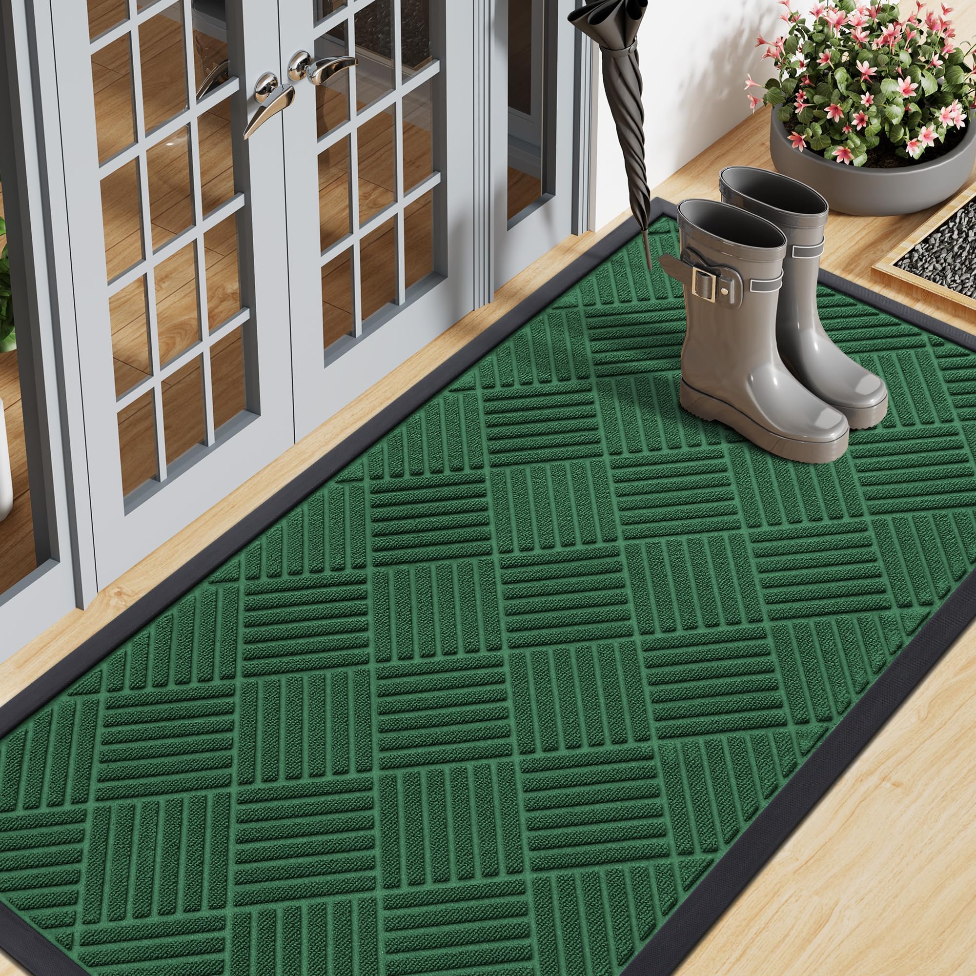Smiry Front Door Mat Outside Entrance, Heavy Duty Outdoor Indoor Natural Rubber Doormat, Non Slip, Trap Dirt and Moisture, Easy Clean, Low Profile Patio Porch Entryway Mat, 71x23, Green