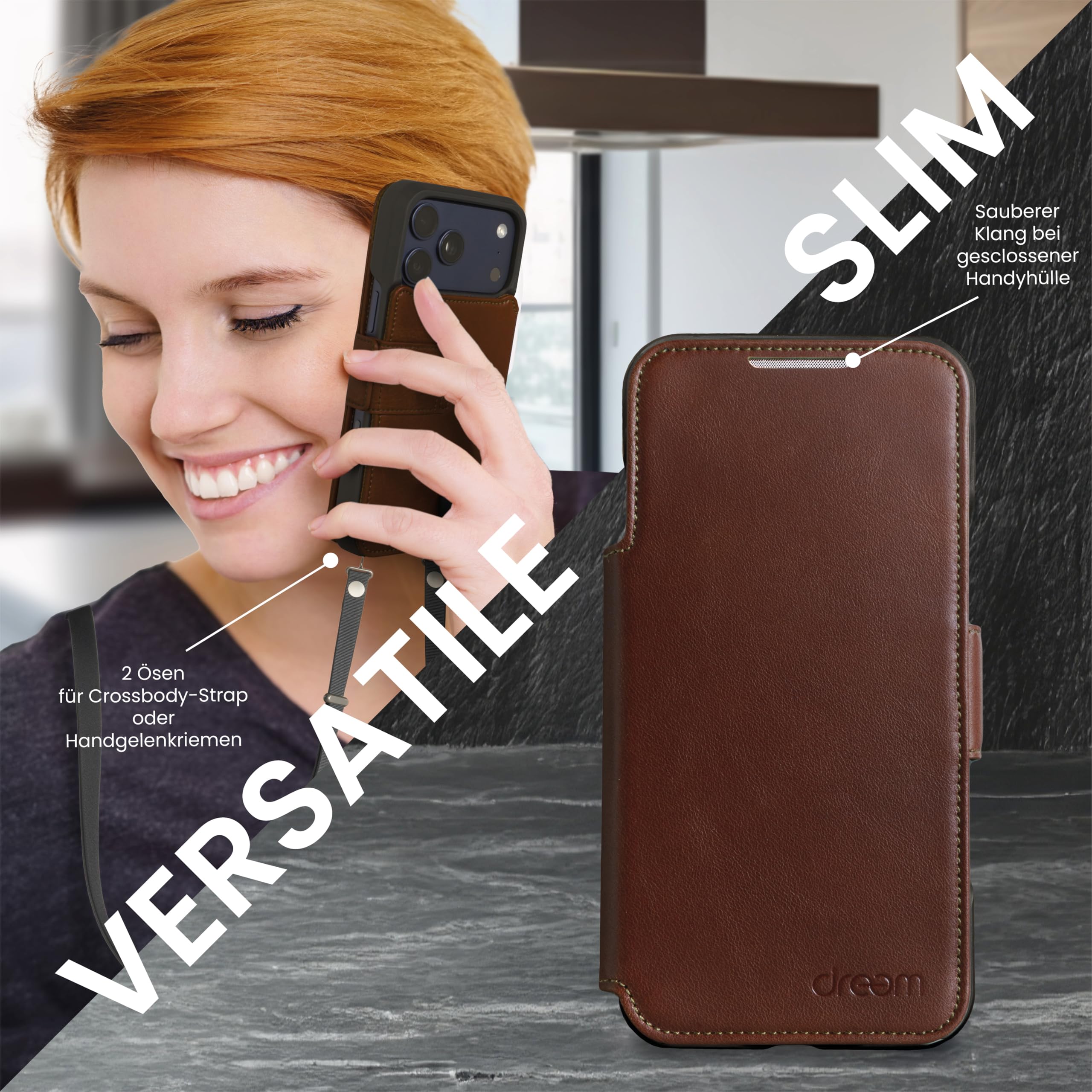 Dreem Lederhülle für iPhone 17 Pro Max - Revolutionärer Ständer & Kartenfach, Abnehmbare Magnetische Hülle, MagSafe-Ready, RFID-Blocker, Wallet-Case aus Echtem Leder, Geschenkbox [Fibonacci:Chestnut]