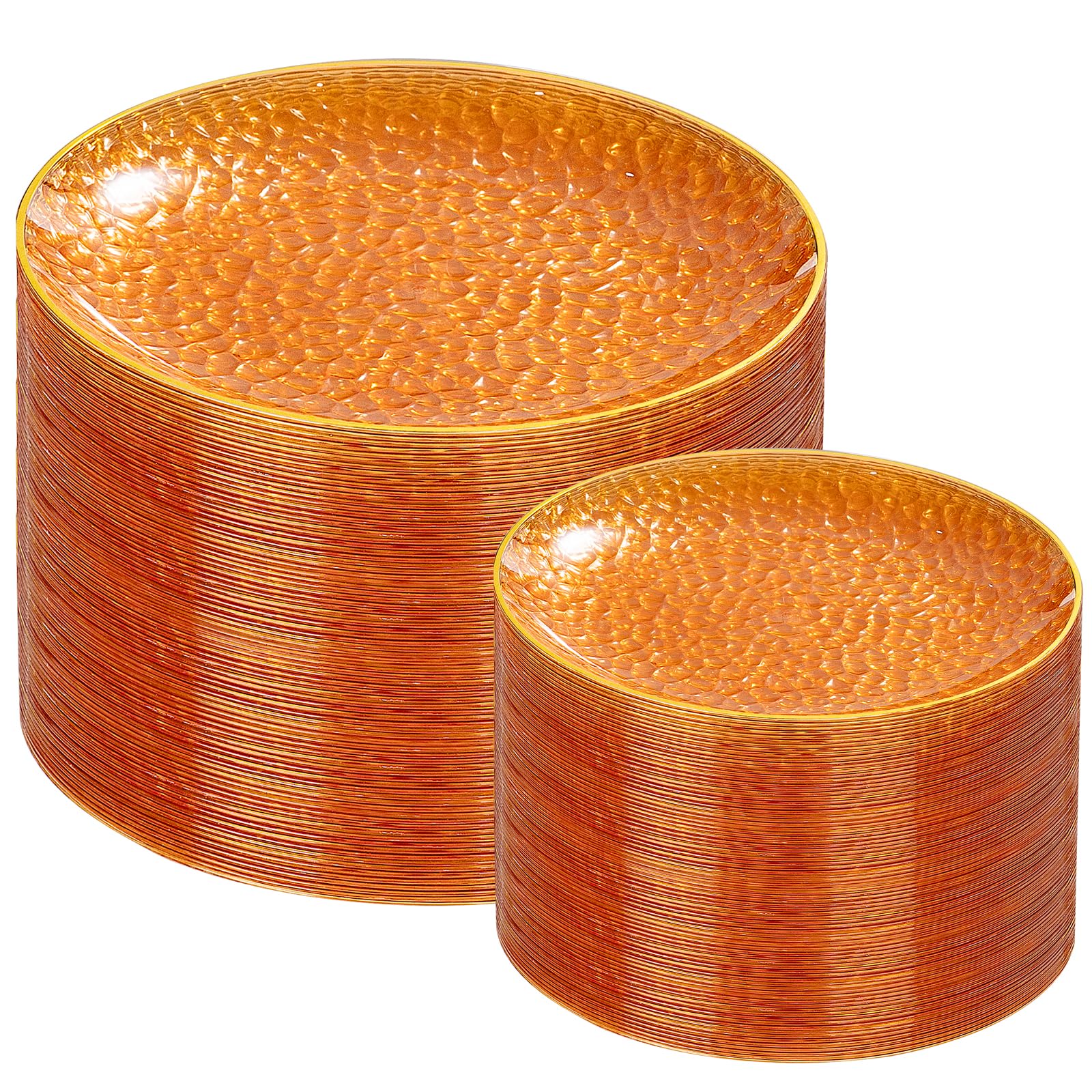 Rubtlamp 100Pcs Orange Plastic Plates, Orange Disposable Plates With Gold Rim, Hammered Plastic Plates Include 50 Dessert Platos, 50 Dinner Platos for