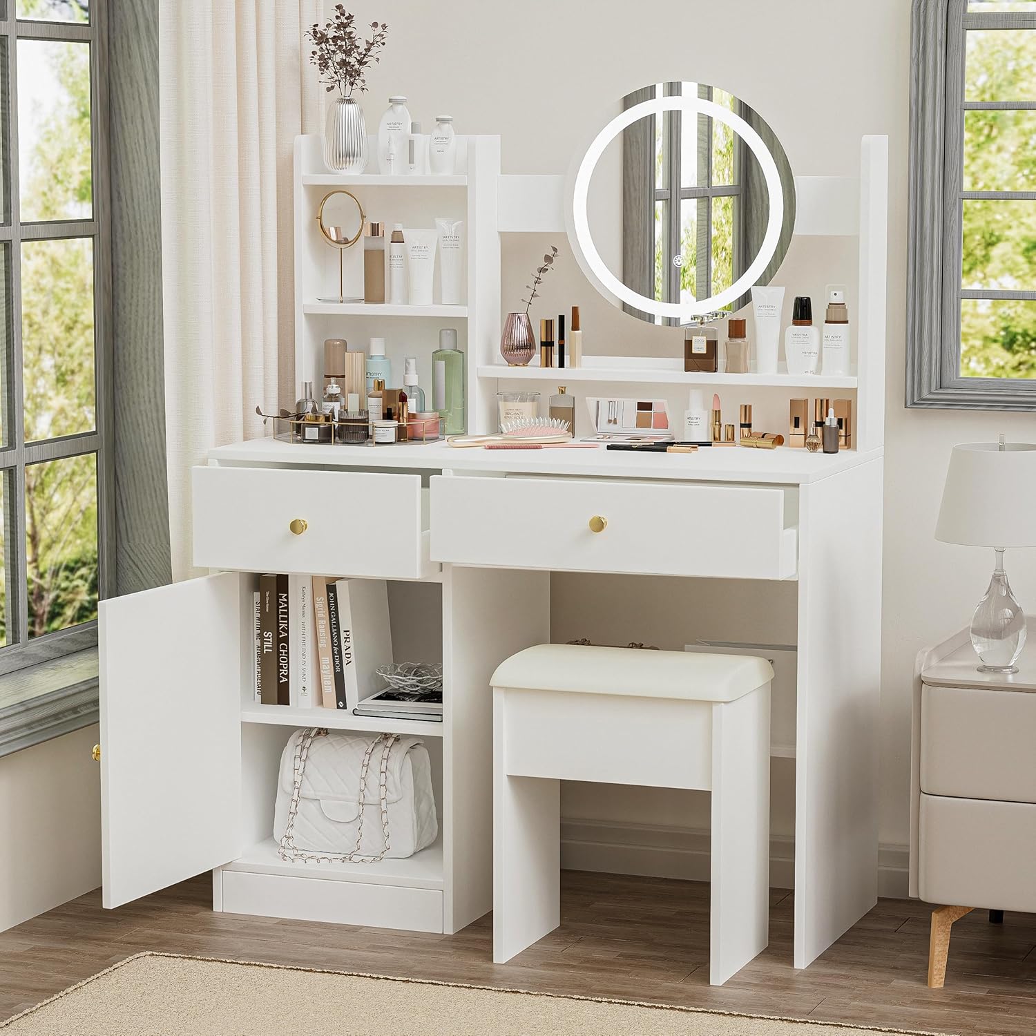 Vanity Desk with Mirror and Lights, 35” Makeup Table with 2 Drawers & Stool, Storage Shelves, Cabinet, 3 Color Lighting Modes Adjustable Brightness, Vanity Table for Bedroom, Dressing Room, White