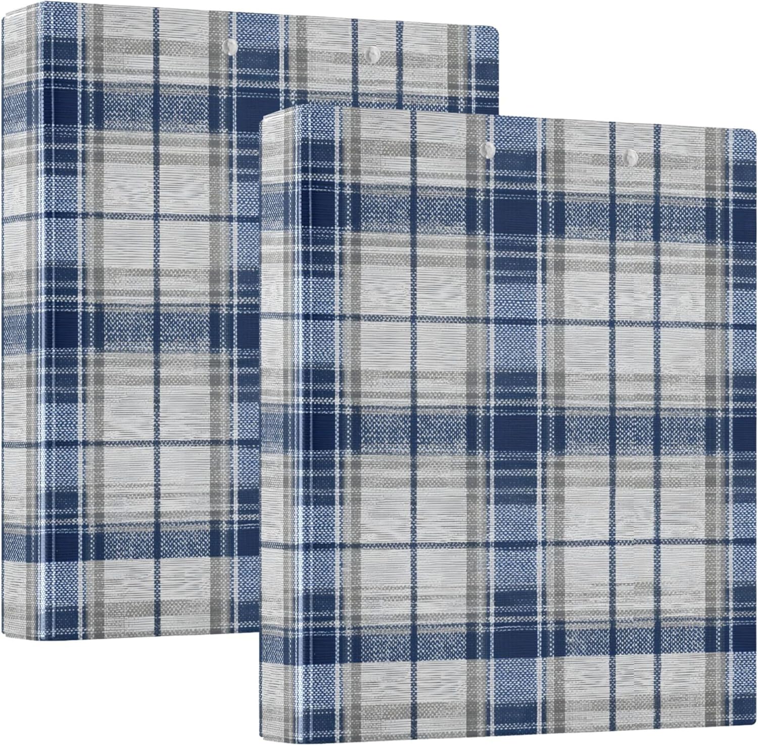 Dark Blue Gray Plaid 3 Ring Binders, 1.5” Round Ring Binders with Clipboard - Letter Size, 3 Interior PVC Clear Pockets & Anti-Slip Clip for Office School Supplies, 2PCS